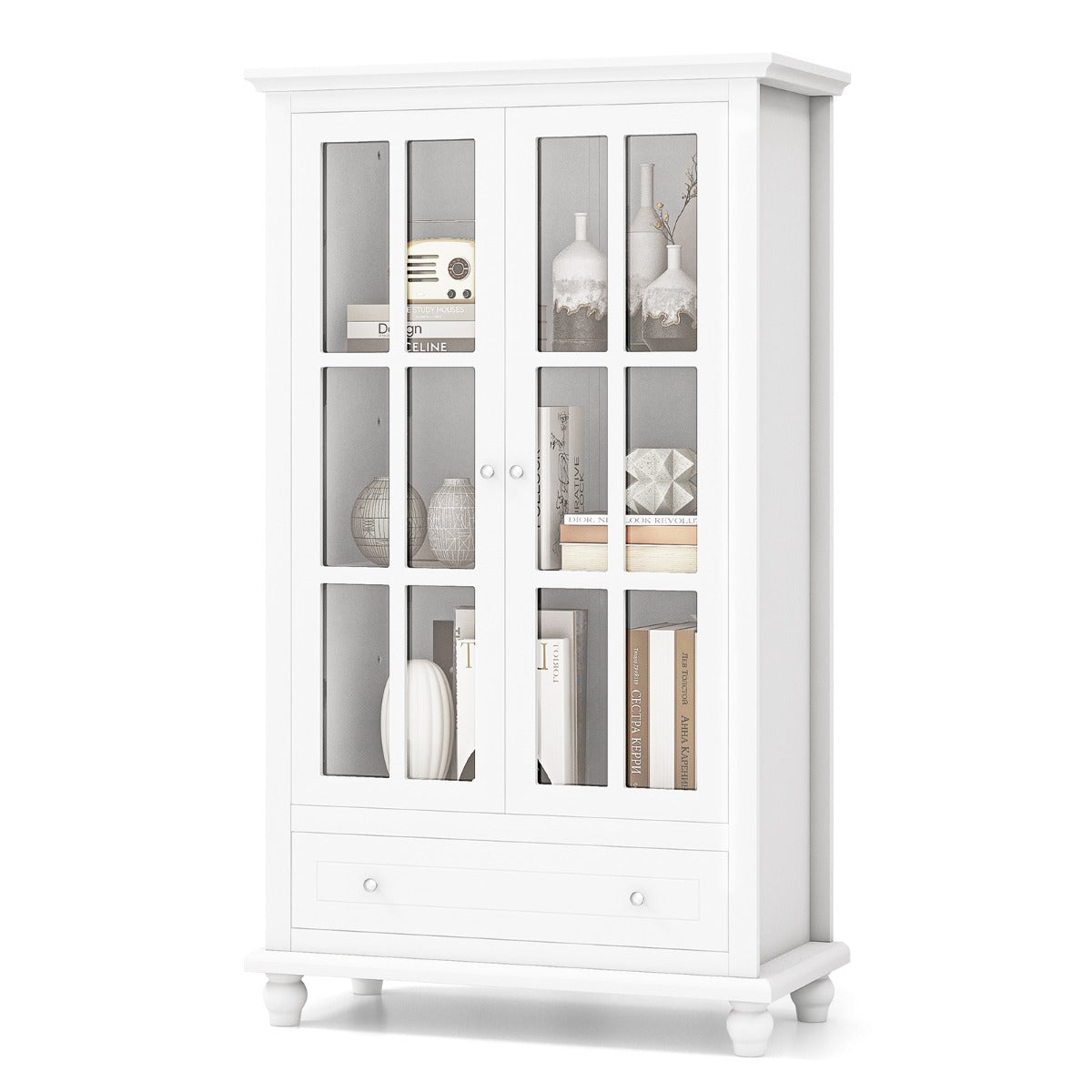 Organizador de Estante com Portas de Vidro Temperado e Prateleira Ajustável para Escritório e Sala de Estar 80 x 40 x 139 cm Branco
