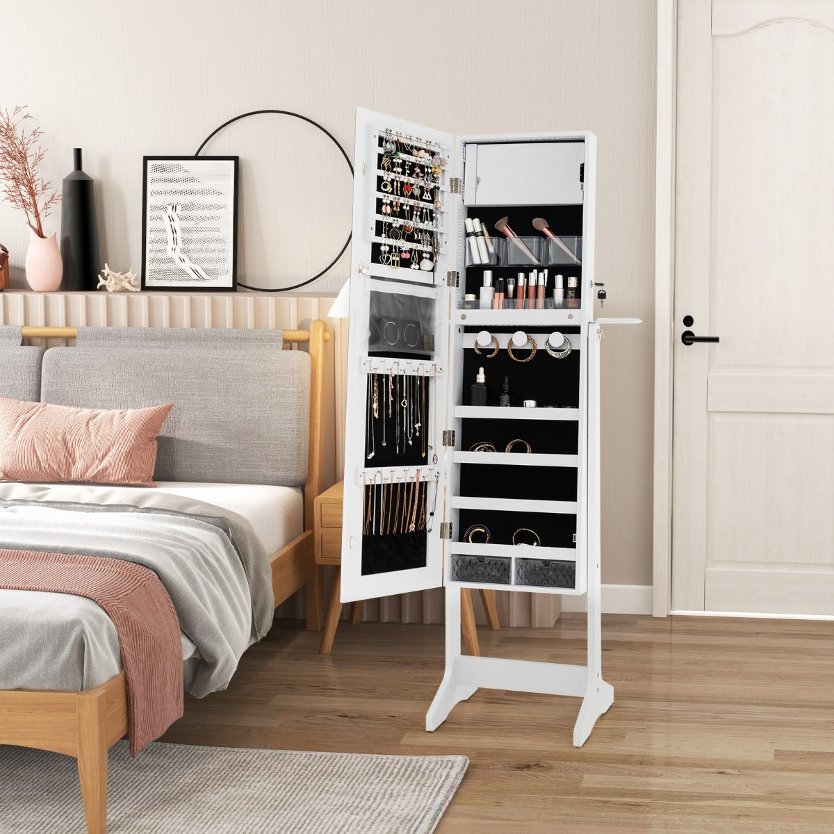 Armário de Jóias com Fechadura e Luzes LED de 3 Cores Espelho Interior Suporte para Secador de Cabelo 41 x 36,5 x 156 cm Branco