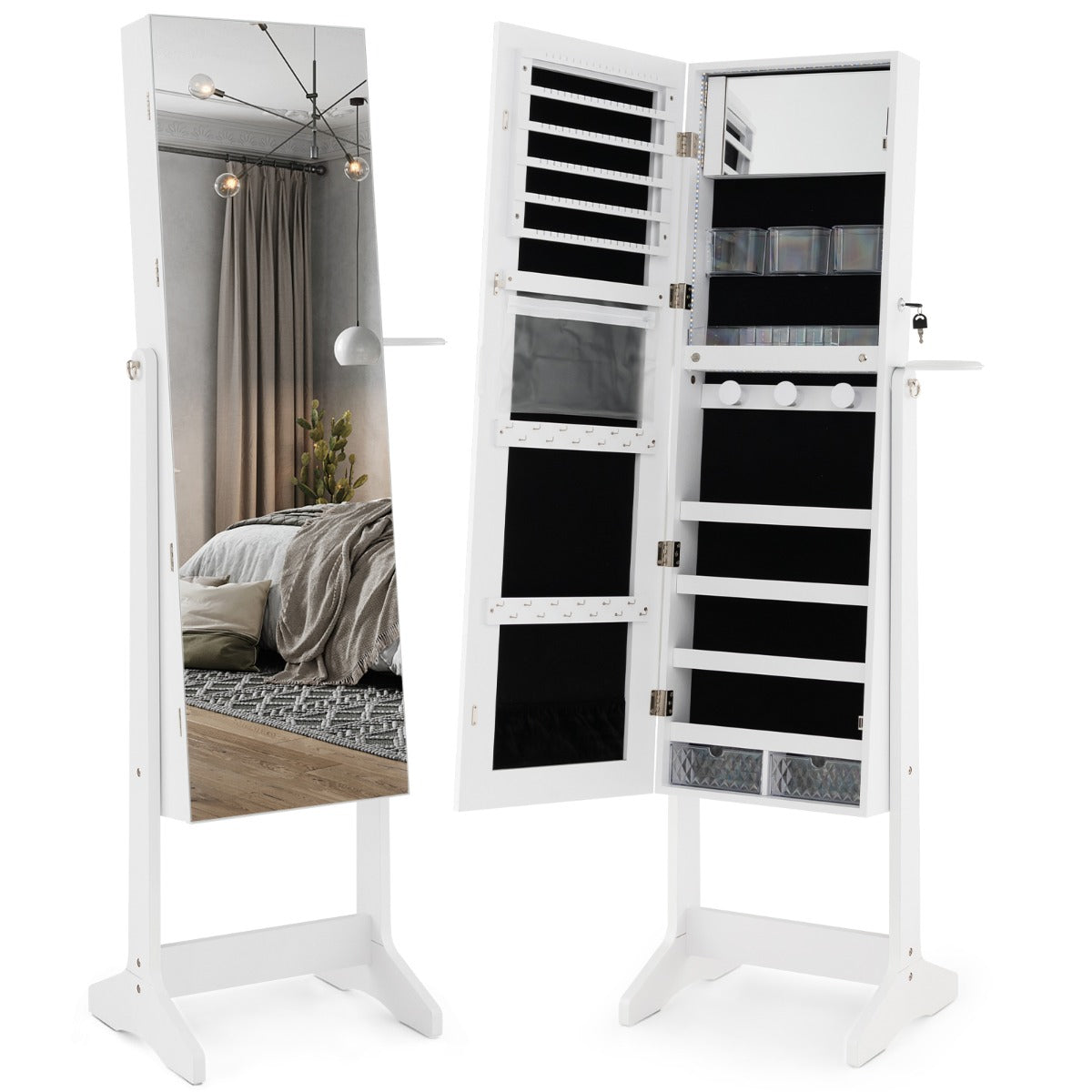 Armário de Jóias com Fechadura e Luzes LED de 3 Cores Espelho Interior Suporte para Secador de Cabelo 41 x 36,5 x 156 cm Branco