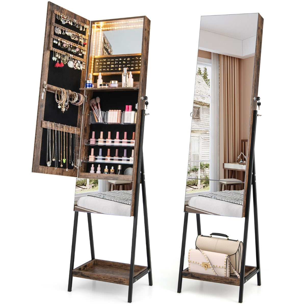 Armário de Joalharia com Fechadura Espelho sem Moldura Luzes LED Prateleira Dobrável Gaveta e Prateleira Inferior 41 x 35 x 166 cm - Castanho