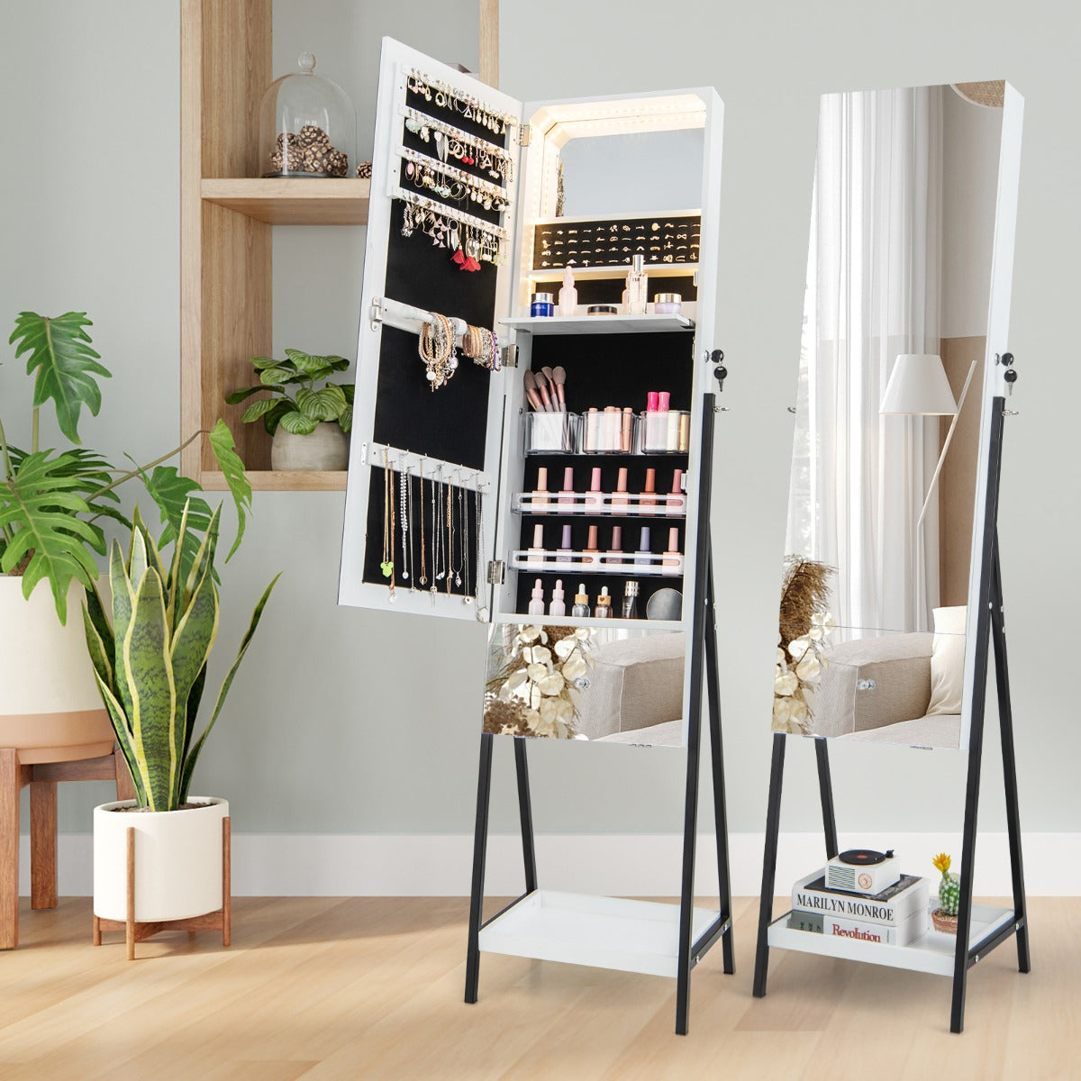 Armário de Pé para Joias com Fechadura, Espelho sem Moldura com Luzes LED, Prateleira Dobrável, Gaveta e Prateleira Inferior 41 x 35 x 166 cm - Branco