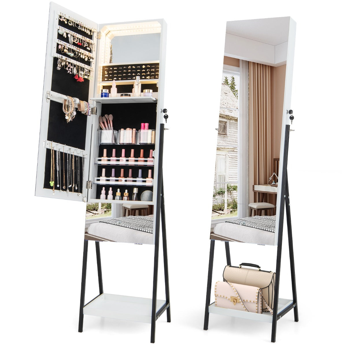 Armário de Pé para Joias com Fechadura, Espelho sem Moldura com Luzes LED, Prateleira Dobrável, Gaveta e Prateleira Inferior 41 x 35 x 166 cm - Branco