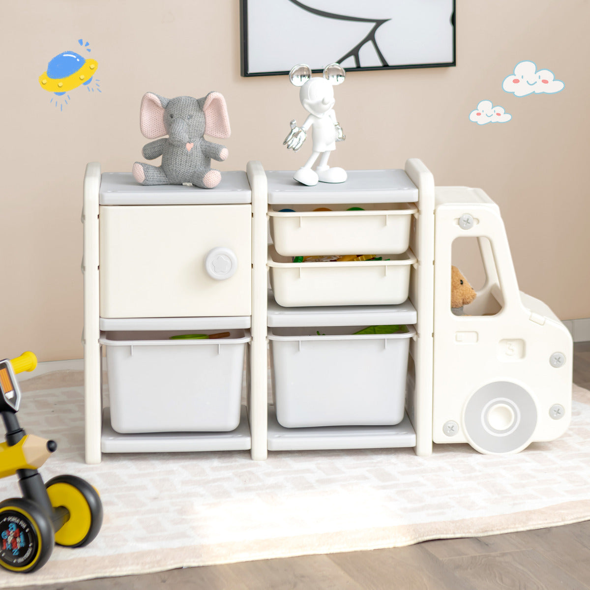 Organizador de Brinquedos para Crianças Estante Infantil em Forma de Camião com 2 Contentores 2 Gavetas Armário 110 x 32 x 66 cm Bege