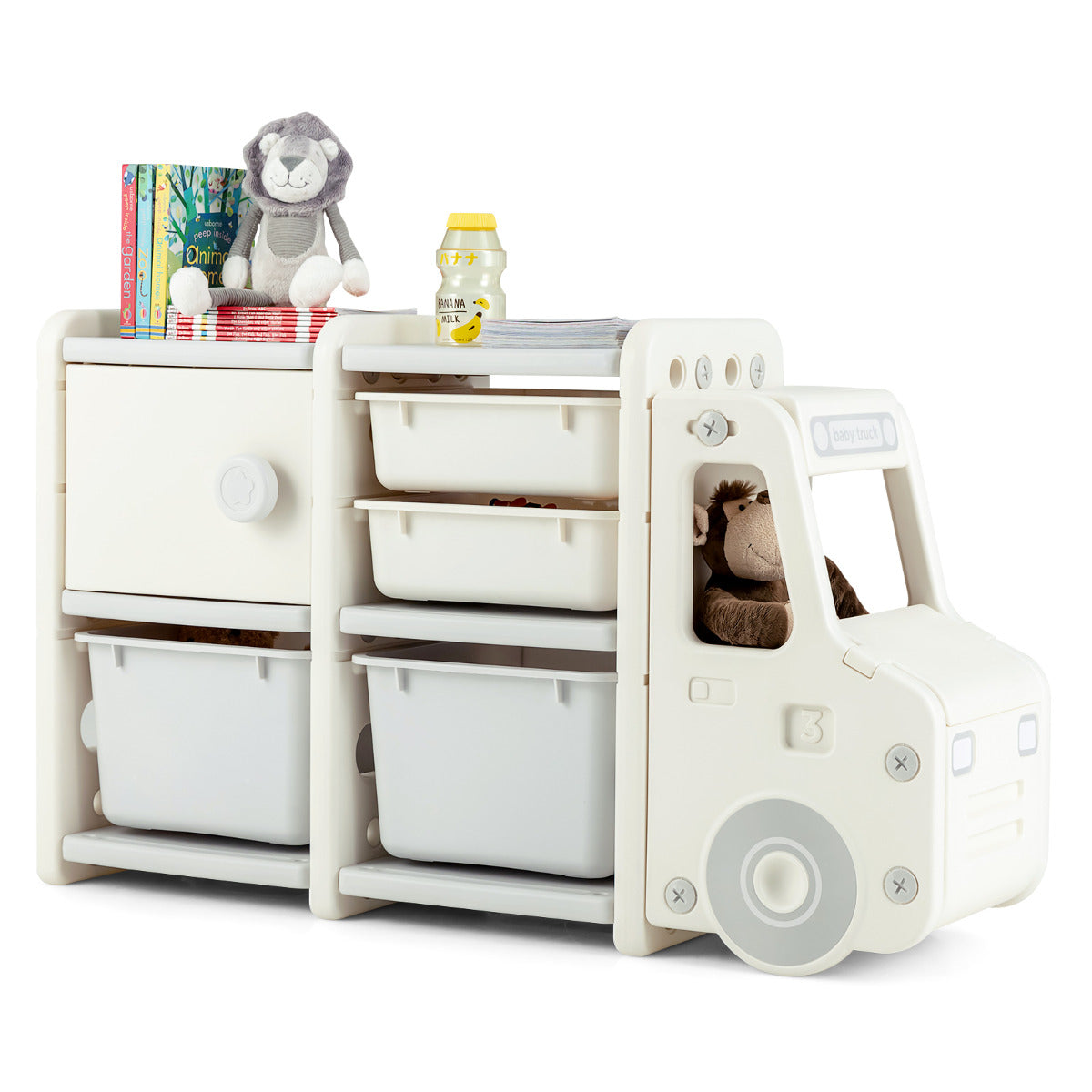 Organizador de Brinquedos para Crianças Estante Infantil em Forma de Camião com 2 Contentores 2 Gavetas Armário 110 x 32 x 66 cm Bege