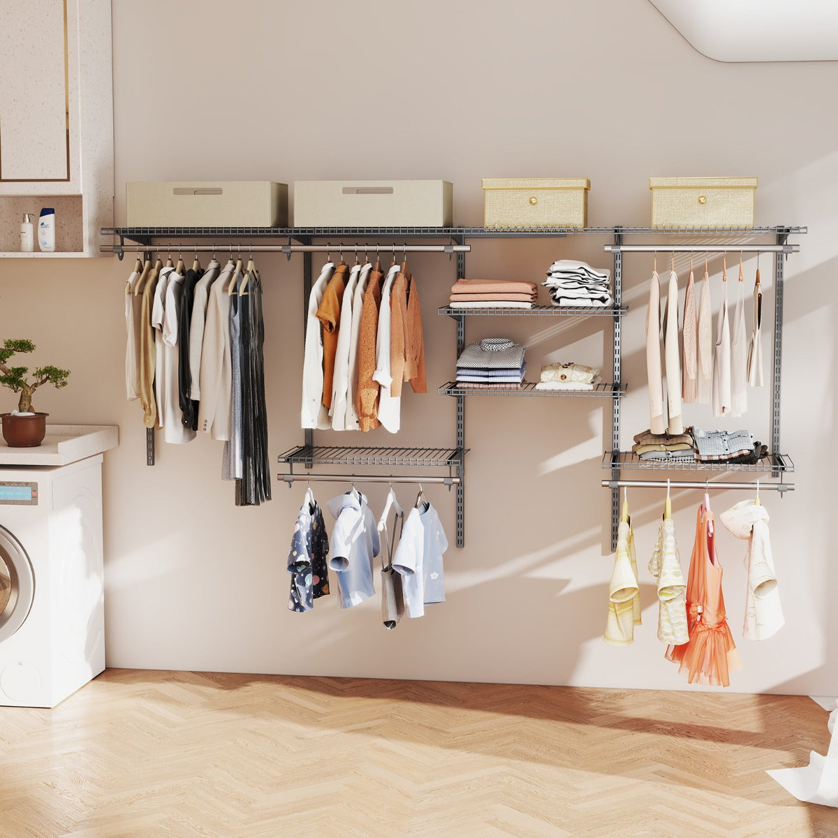 Sistema de Organização de Armário e Armazenamento com Varão Estante de Metal Expansível DIY para Quarto Cinzento