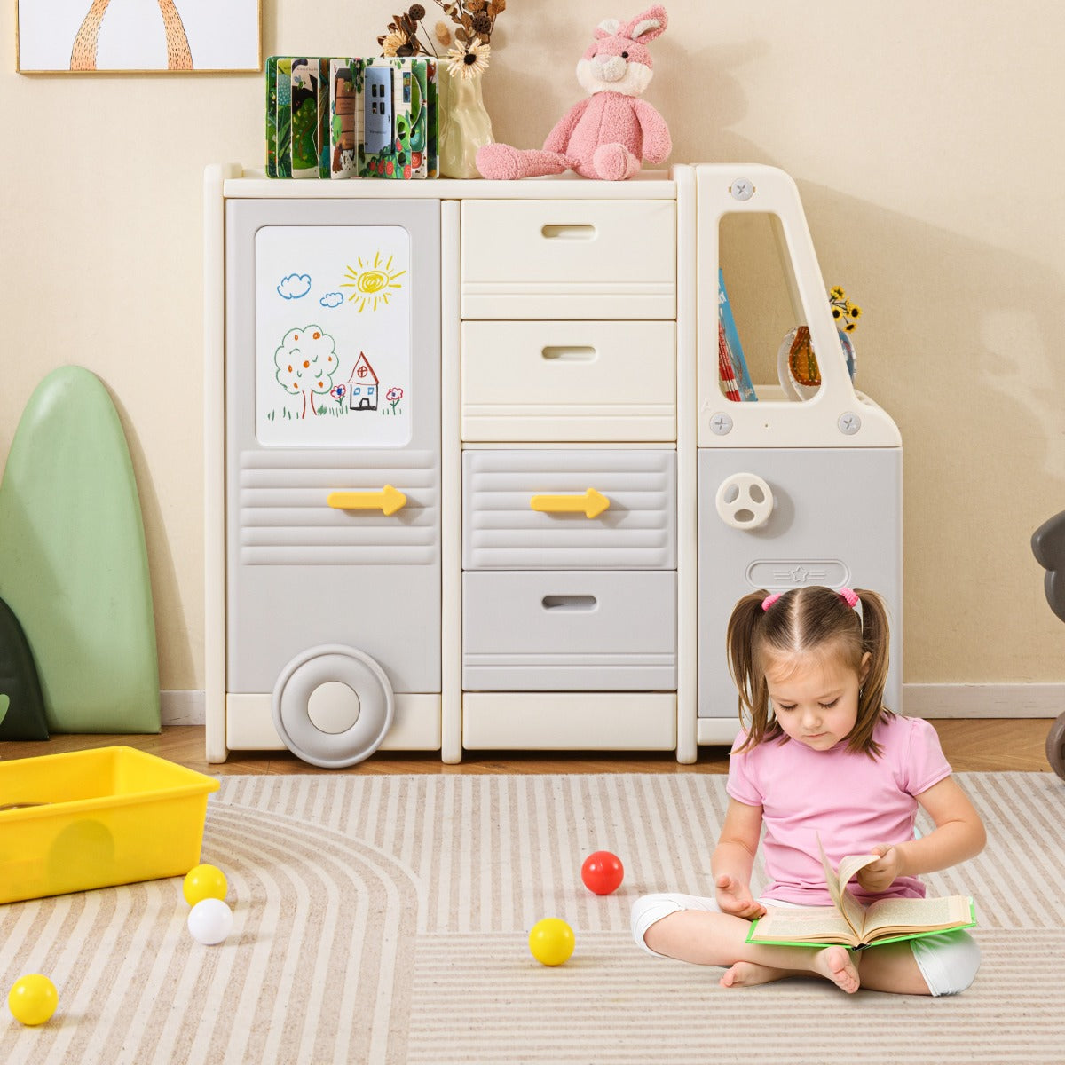 Organizador de Brinquedos para Crianças com Armários Gavetas Quadro Branco e Baú de Brinquedos para Sala Quarto 111 x 34 x 94 cm Cinzento