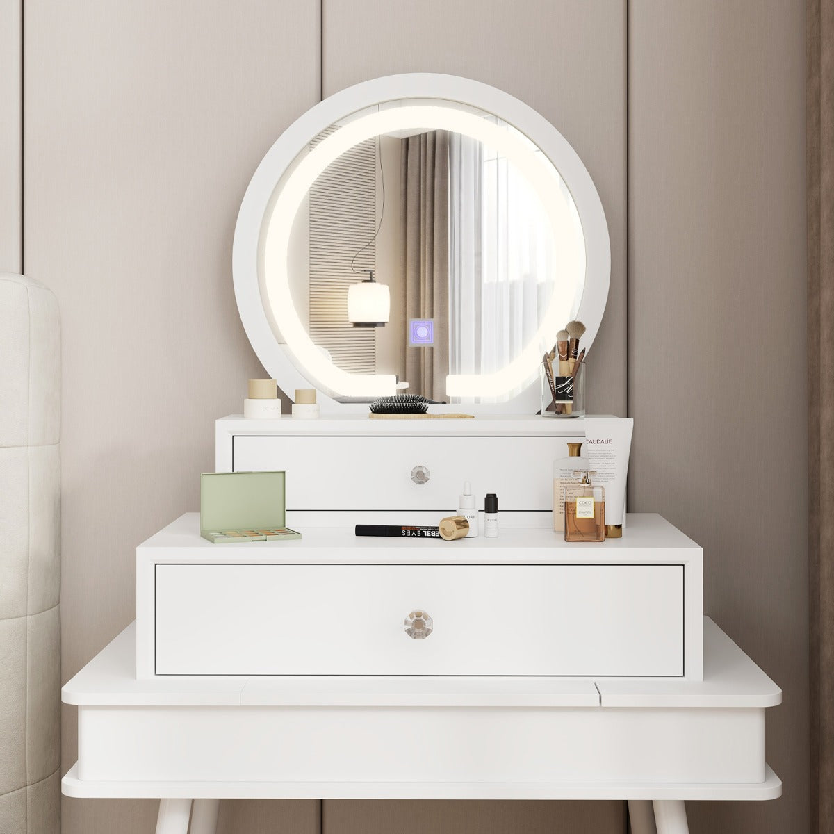 Organizador de Maquilhagem com Espelho 2 Gavetas com 3 Cores de Luz e Interruptor Tátil para Quarto 50 x 26 x 59,5 cm Branco