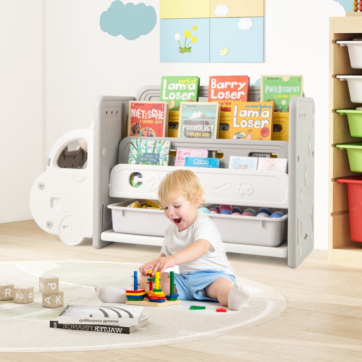Armário de Arrumação de Brinquedos com Tema de Carro com Estante de 3 Níveis 2 Caixas de Arrumação 108 x 35 x 63,5 cm Cinzento