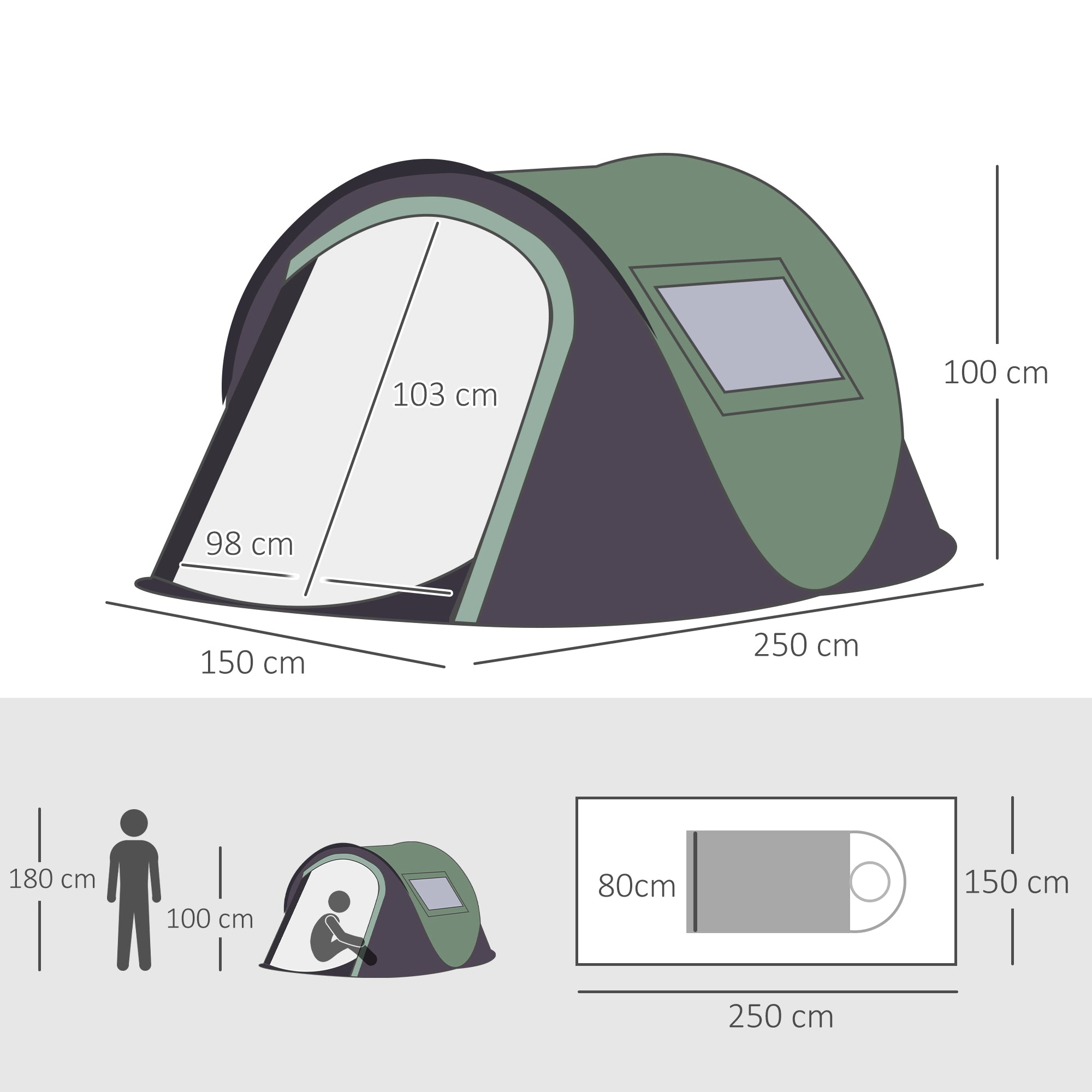 Tenda de Campismo Pop-Up – 250x150x100 cm – Verde e Preto – Poliester
