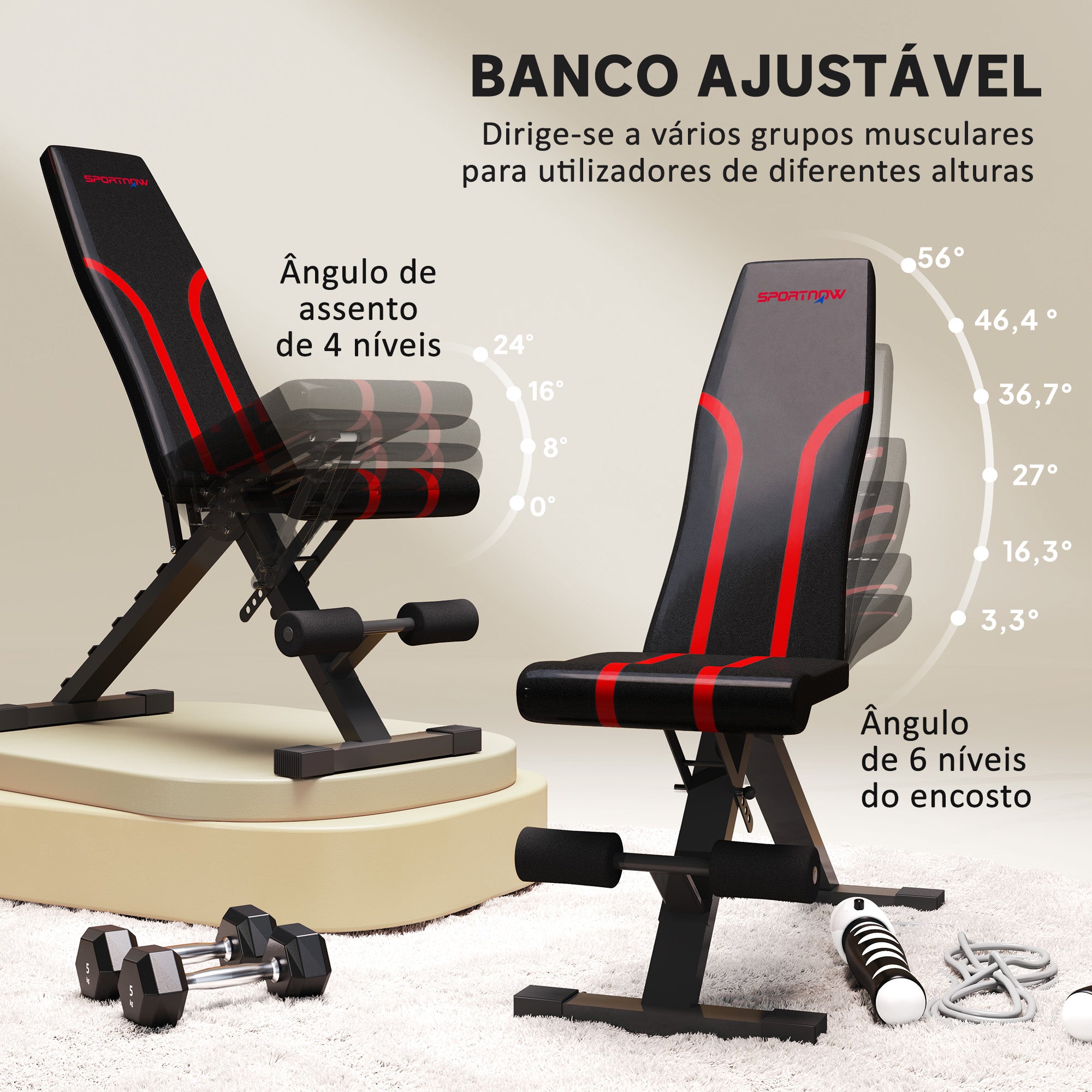 Banco de Abdominais Ajustável 82x35x42,5-107 cm - Cor Preto
