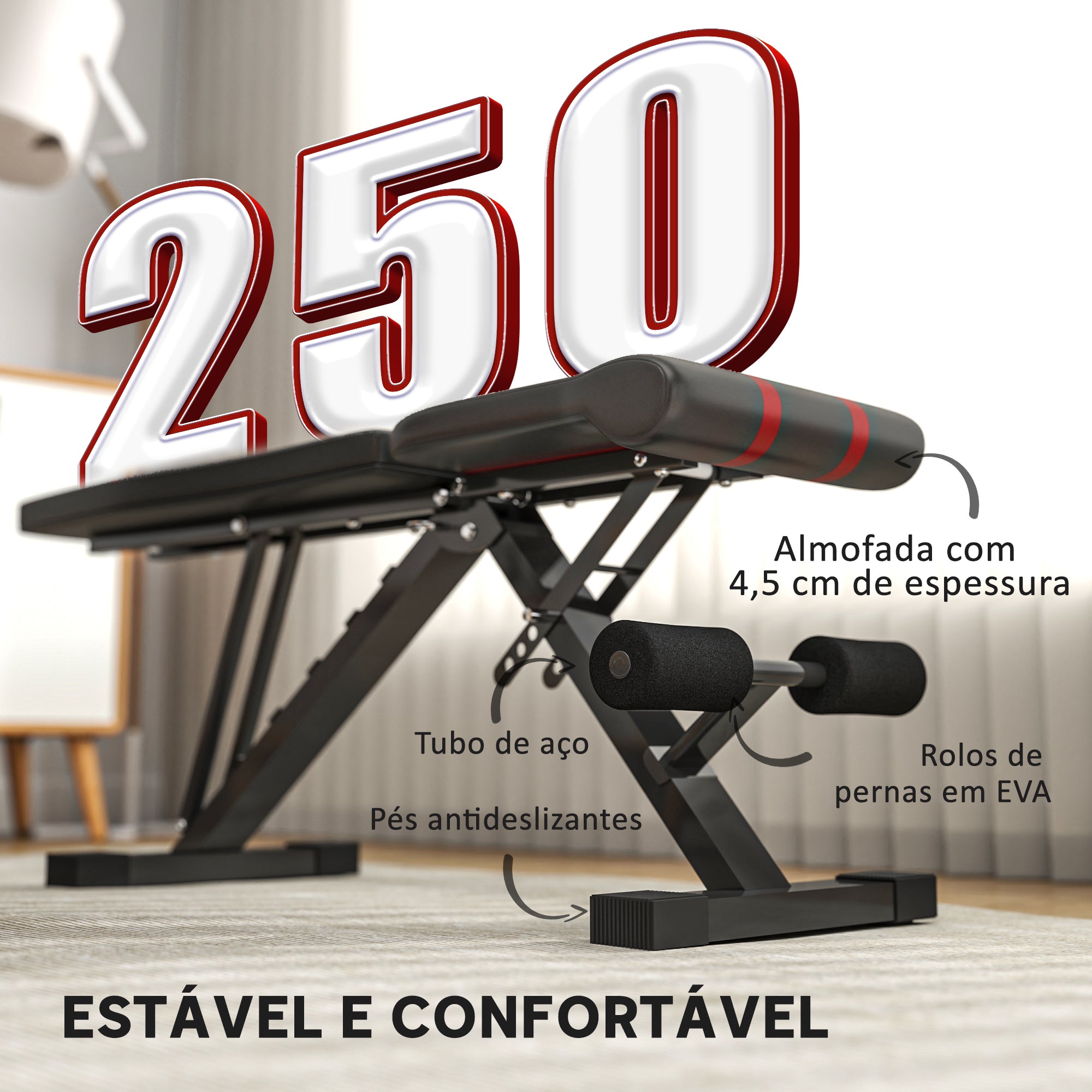 Banco de Abdominais Ajustável 82x35x42,5-107 cm - Cor Preto