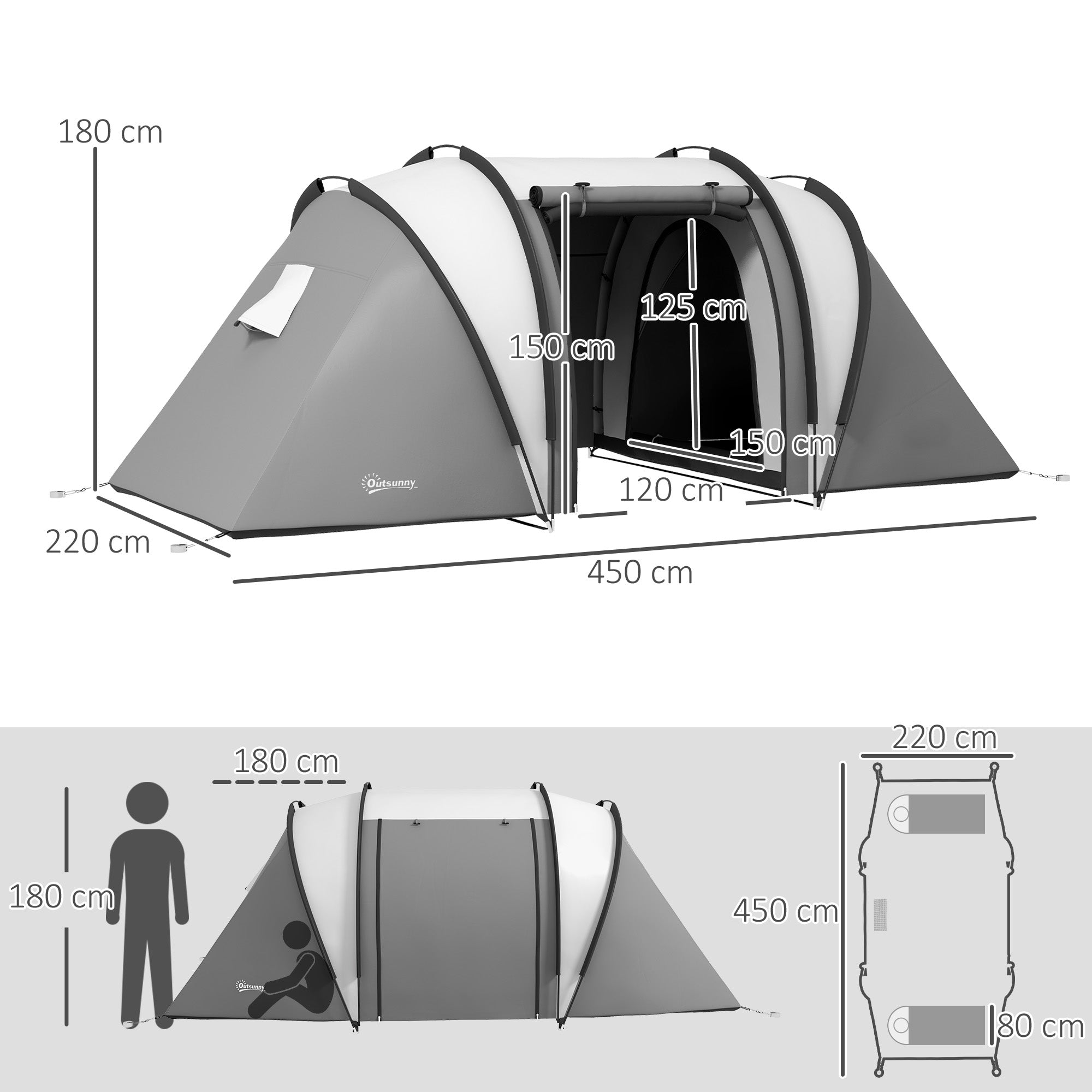 Tenda de Campismo Familiar para 4-5 Pessoas Cinzento 450x220x180 cm