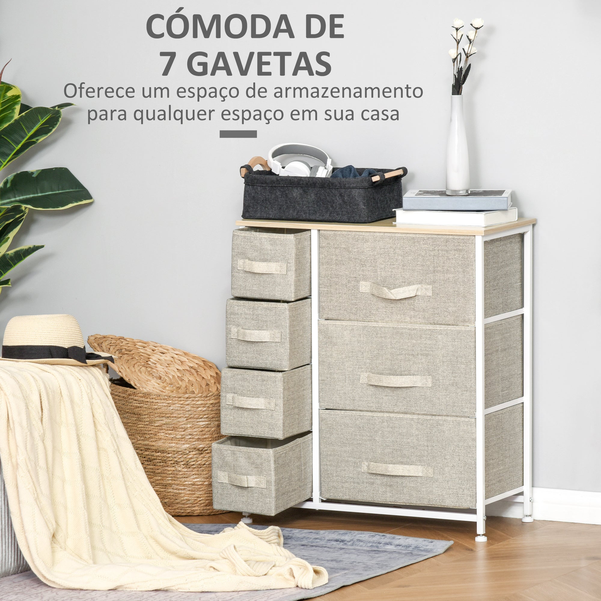 Cómoda Multifuncional – 63,5x30x71cm – Branco, Carvalho e Cinza Claro – MDF e Metal