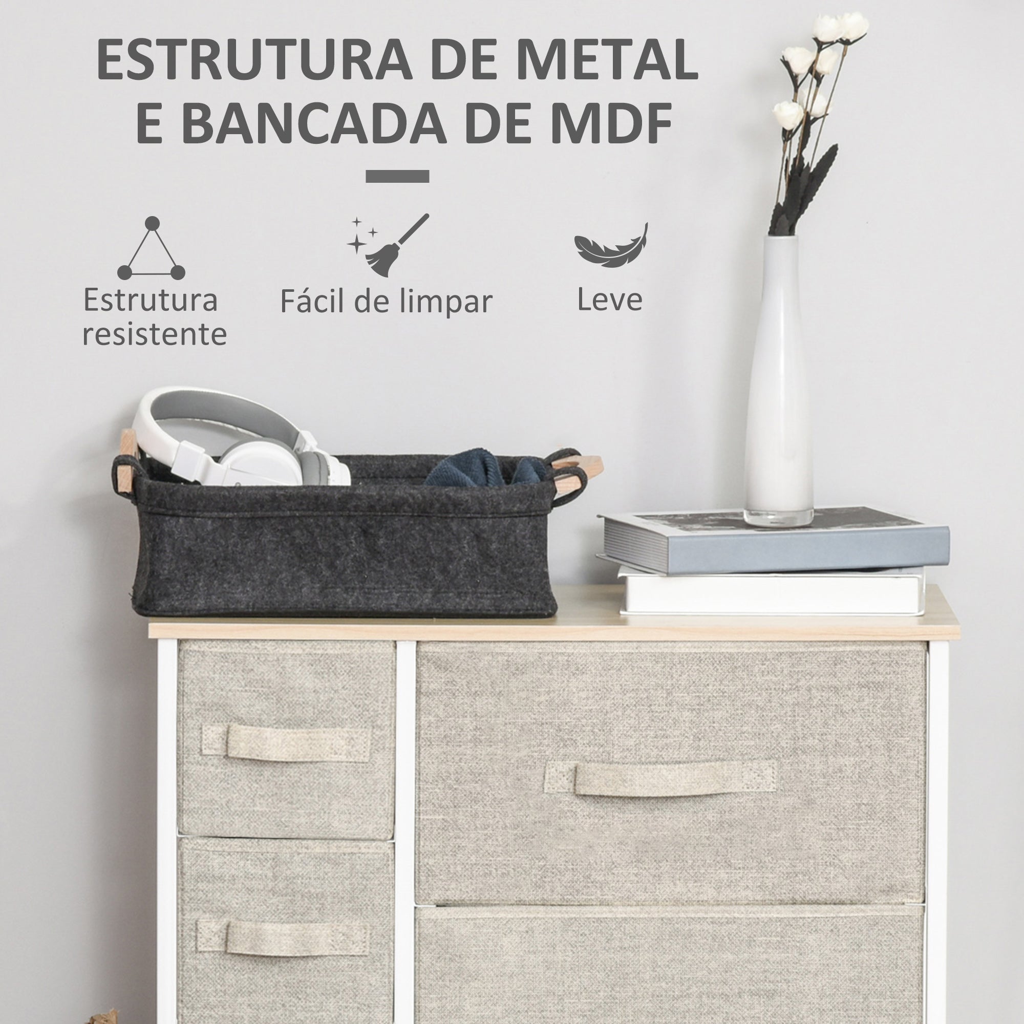 Cómoda Multifuncional – 63,5x30x71cm – Branco, Carvalho e Cinza Claro – MDF e Metal