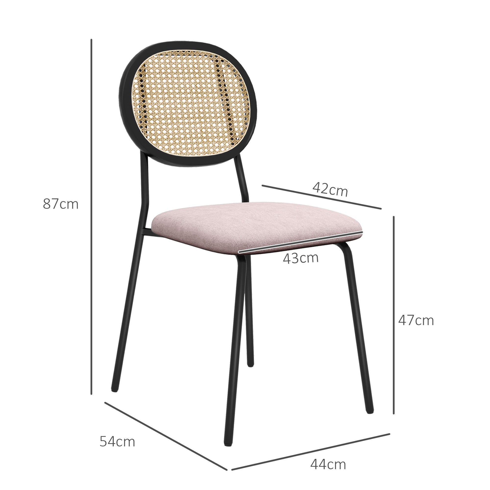 Conjunto de 2 Cadeiras de Sala de Jantar – 44x54x87 cm – Rosa – Vime PE, Tecido de Linho Sintético, Espuma de Alta Densidade, Aço Revestido a Pó