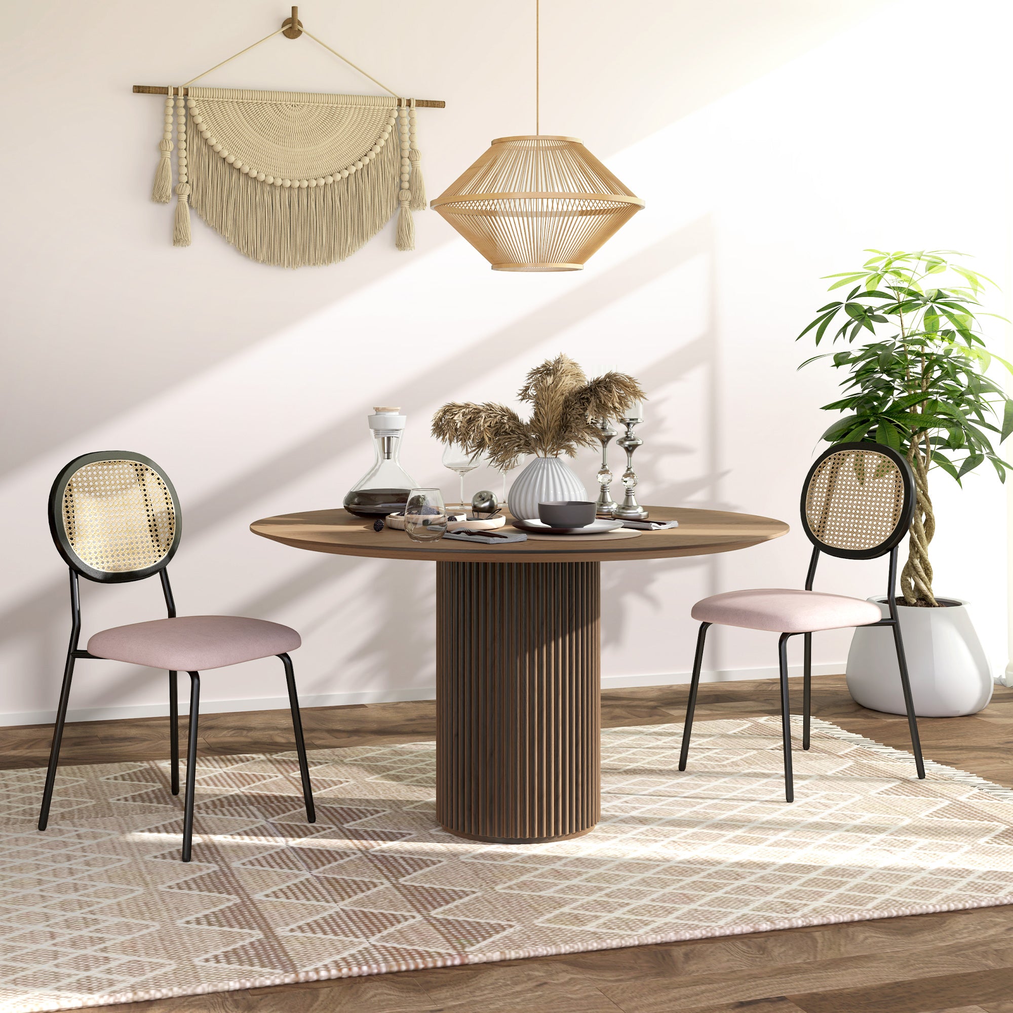 Conjunto de 2 Cadeiras de Sala de Jantar – 44x54x87 cm – Rosa – Vime PE, Tecido de Linho Sintético, Espuma de Alta Densidade, Aço Revestido a Pó