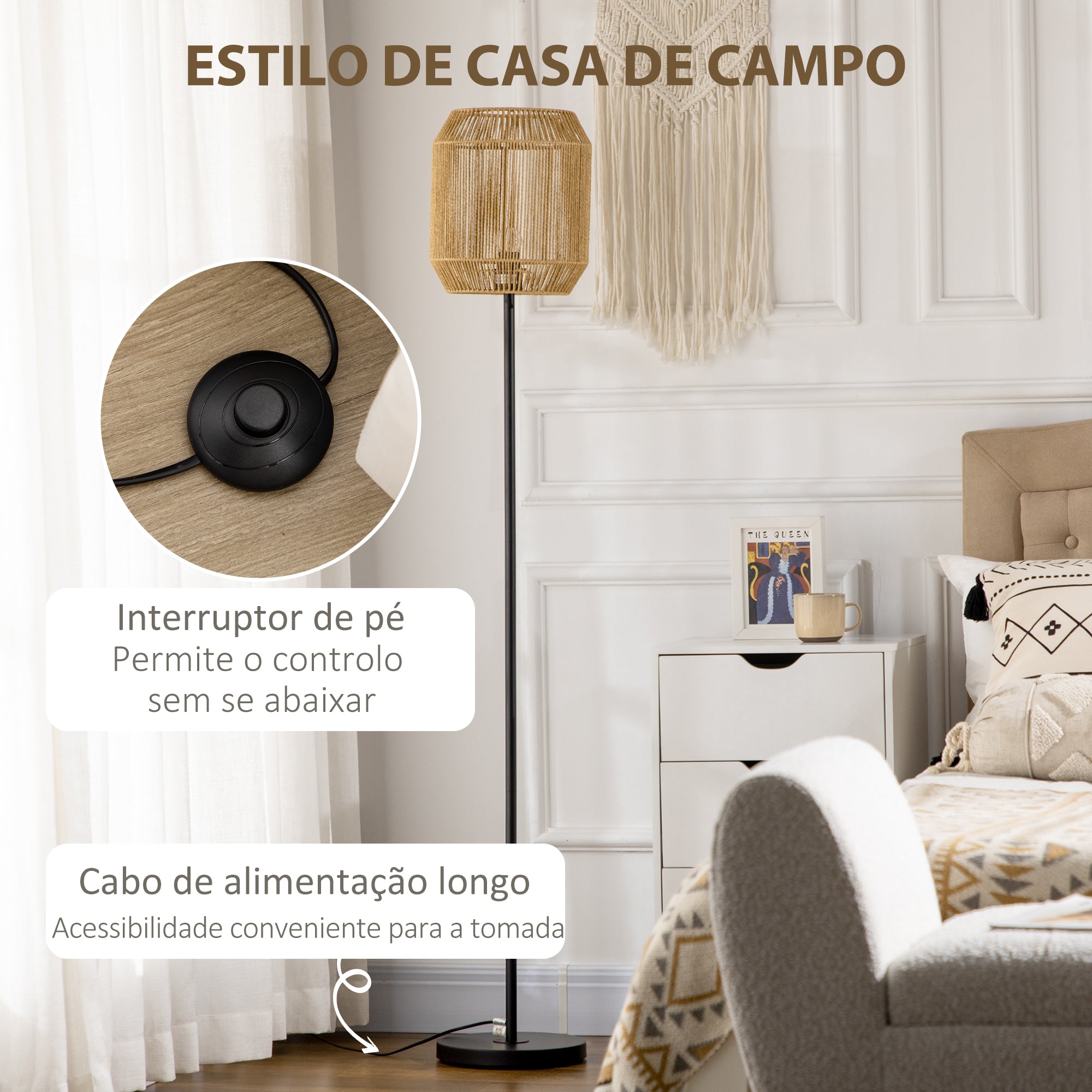 Candeeiro de Pé – Ø26x158cm – Preto – Metal e corda de papel