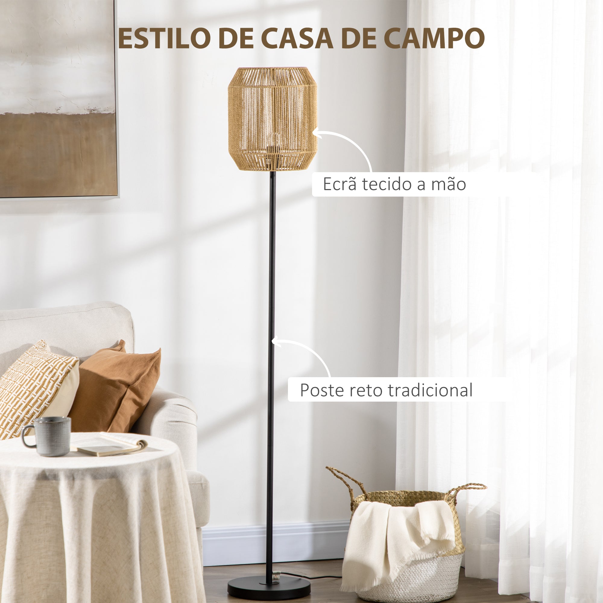 Candeeiro de Pé – Ø26x158cm – Preto – Metal e corda de papel
