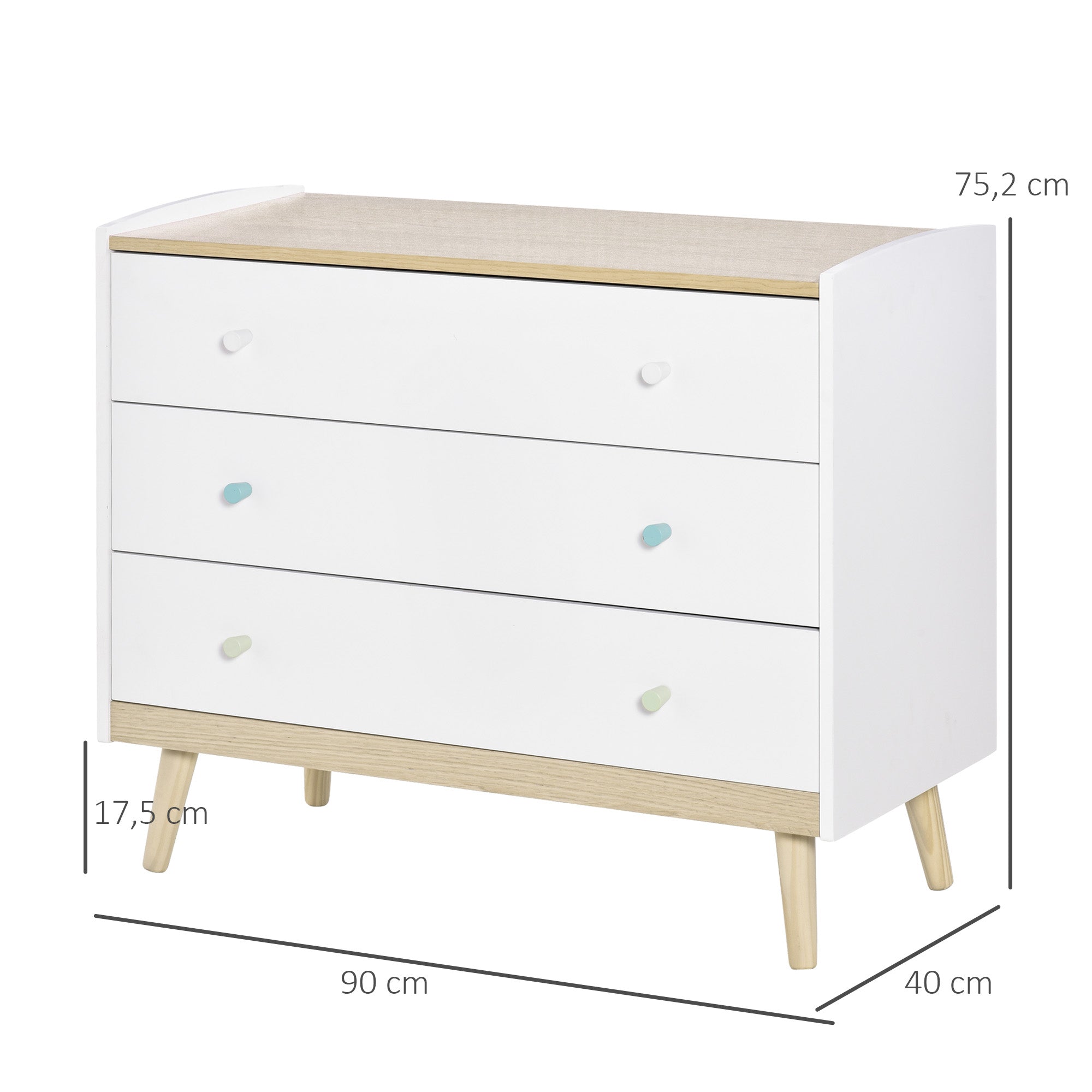 Cómoda Infantil Branca com 3 Gavetas e Pés de Madeira 90x40x75,2cm