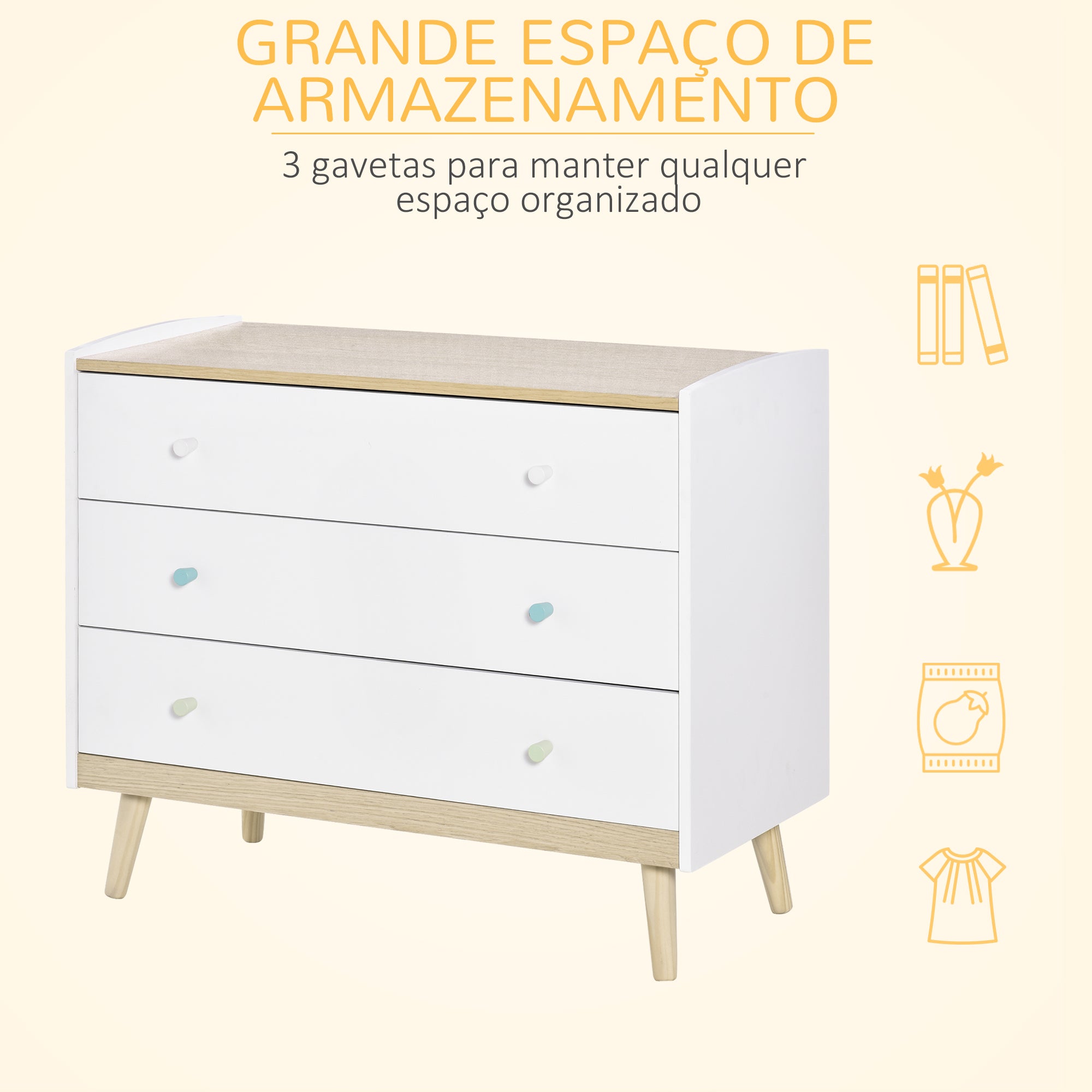 Cómoda Infantil Branca com 3 Gavetas e Pés de Madeira 90x40x75,2cm