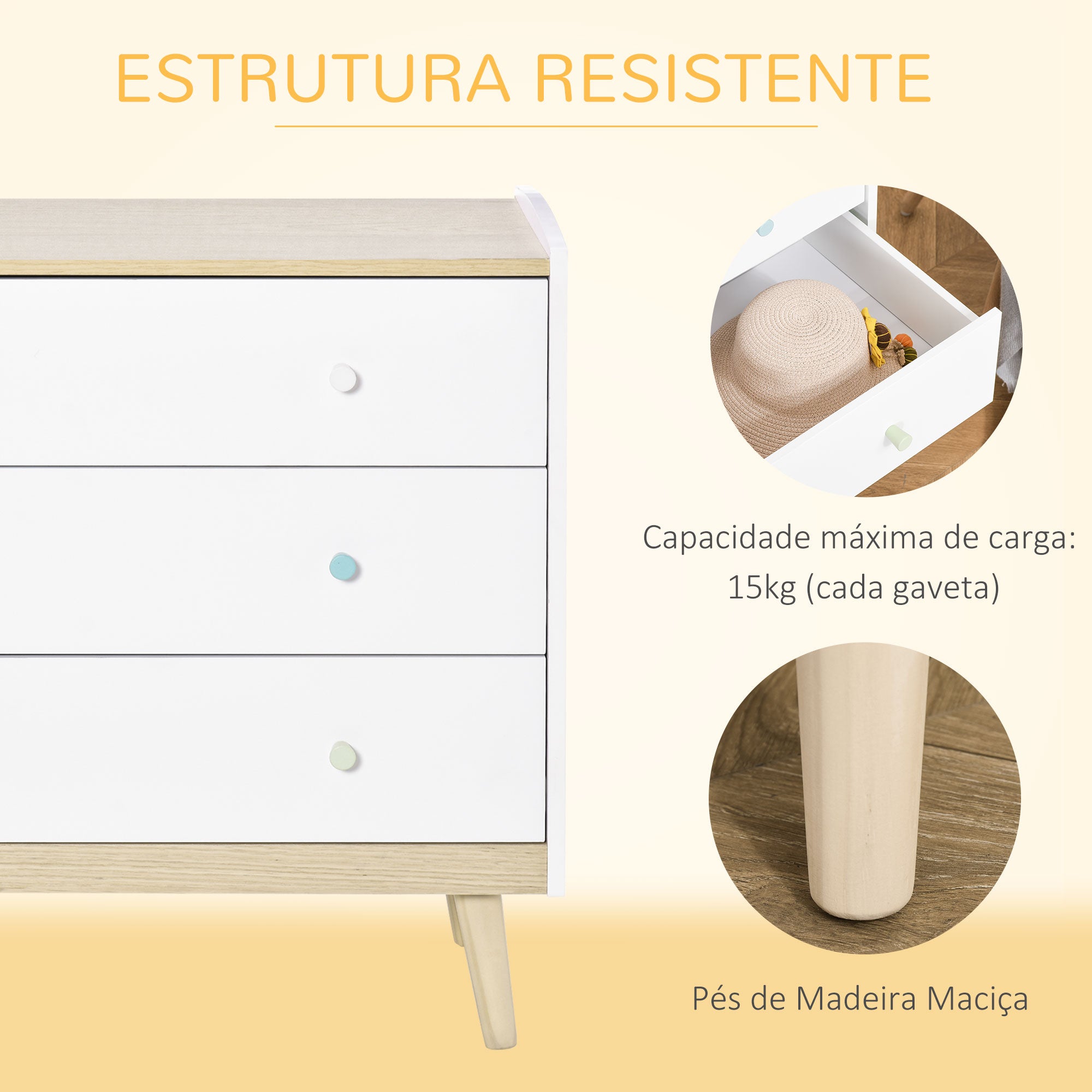 Cómoda Infantil Branca com 3 Gavetas e Pés de Madeira 90x40x75,2cm