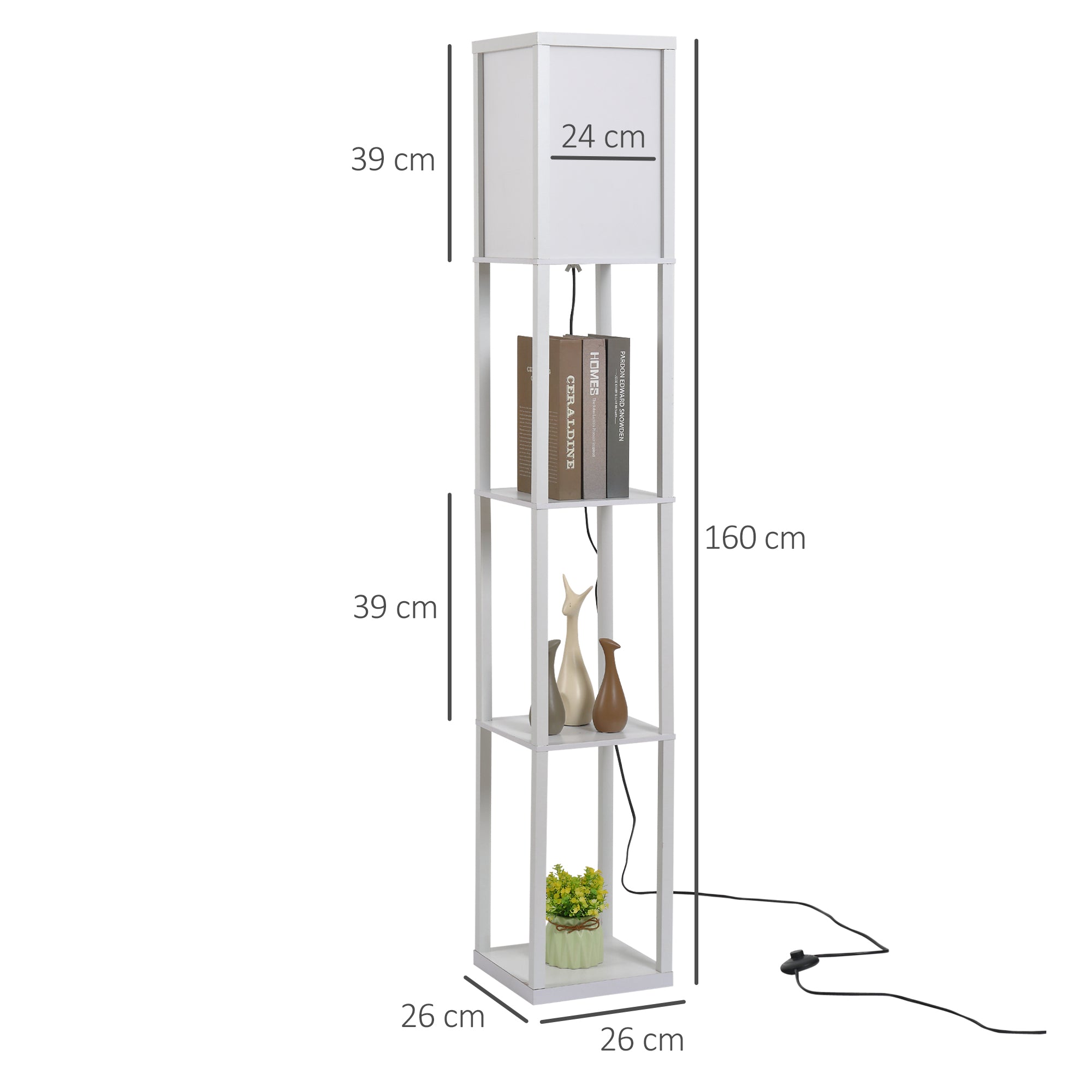 Candeeiro de Pé com 3 Prateleiras de Armazenamento 26x26x160cm Branco