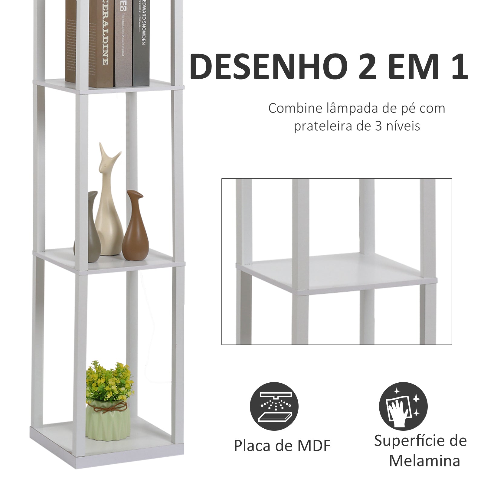 Candeeiro de Pé com 3 Prateleiras de Armazenamento 26x26x160cm Branco