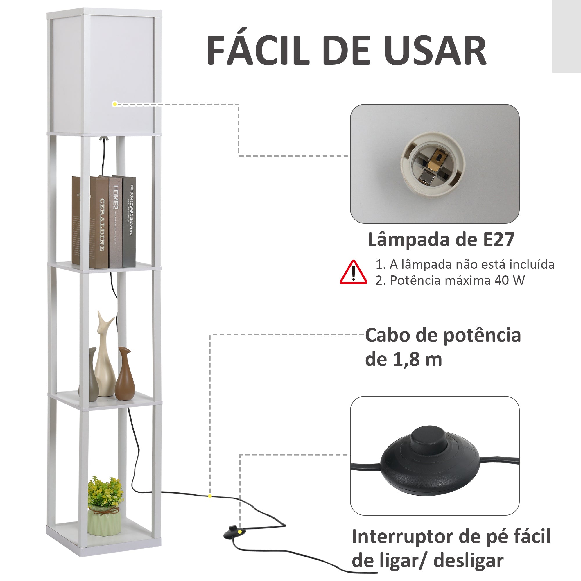Candeeiro de Pé com 3 Prateleiras de Armazenamento 26x26x160cm Branco