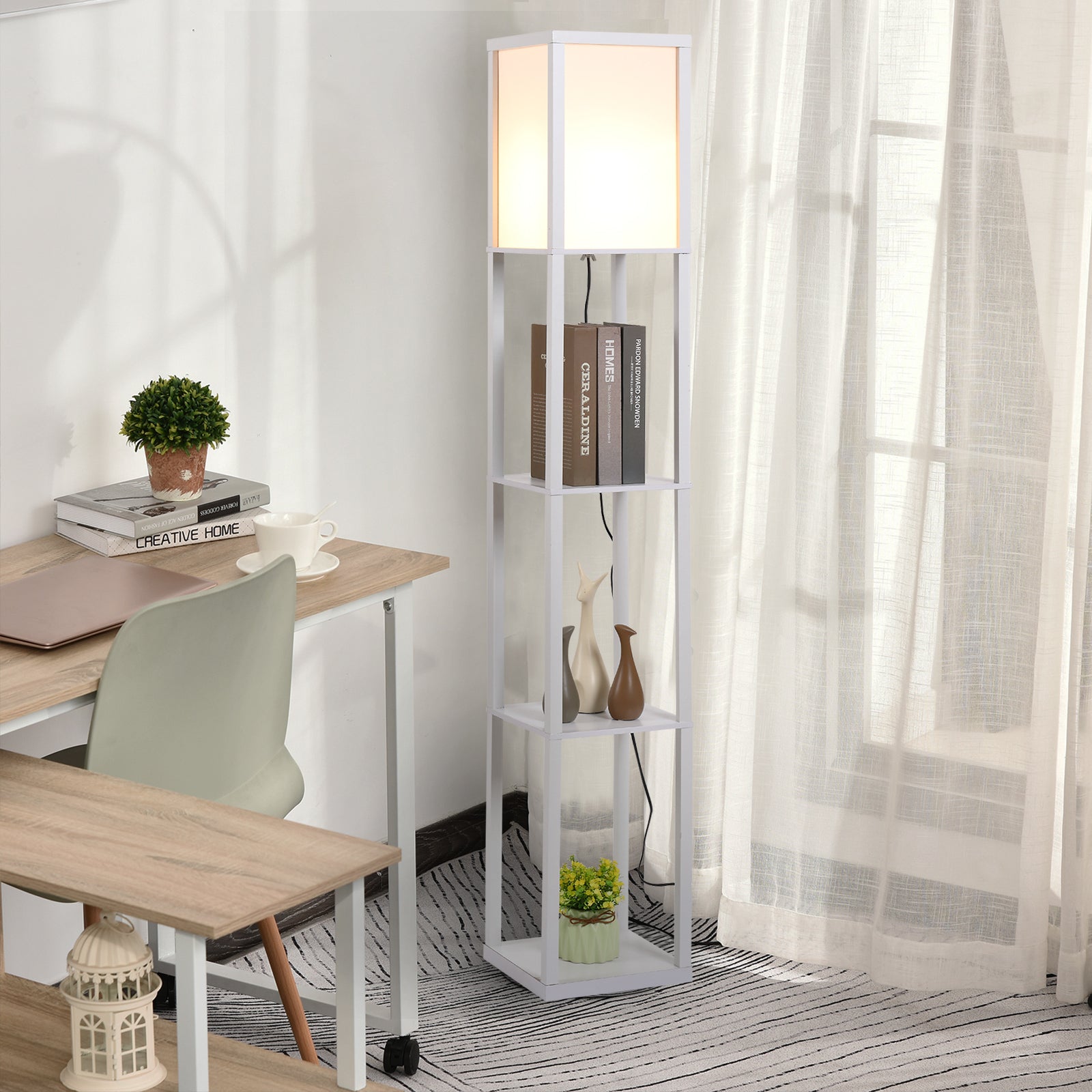 Candeeiro de Pé com 3 Prateleiras de Armazenamento 26x26x160cm Branco