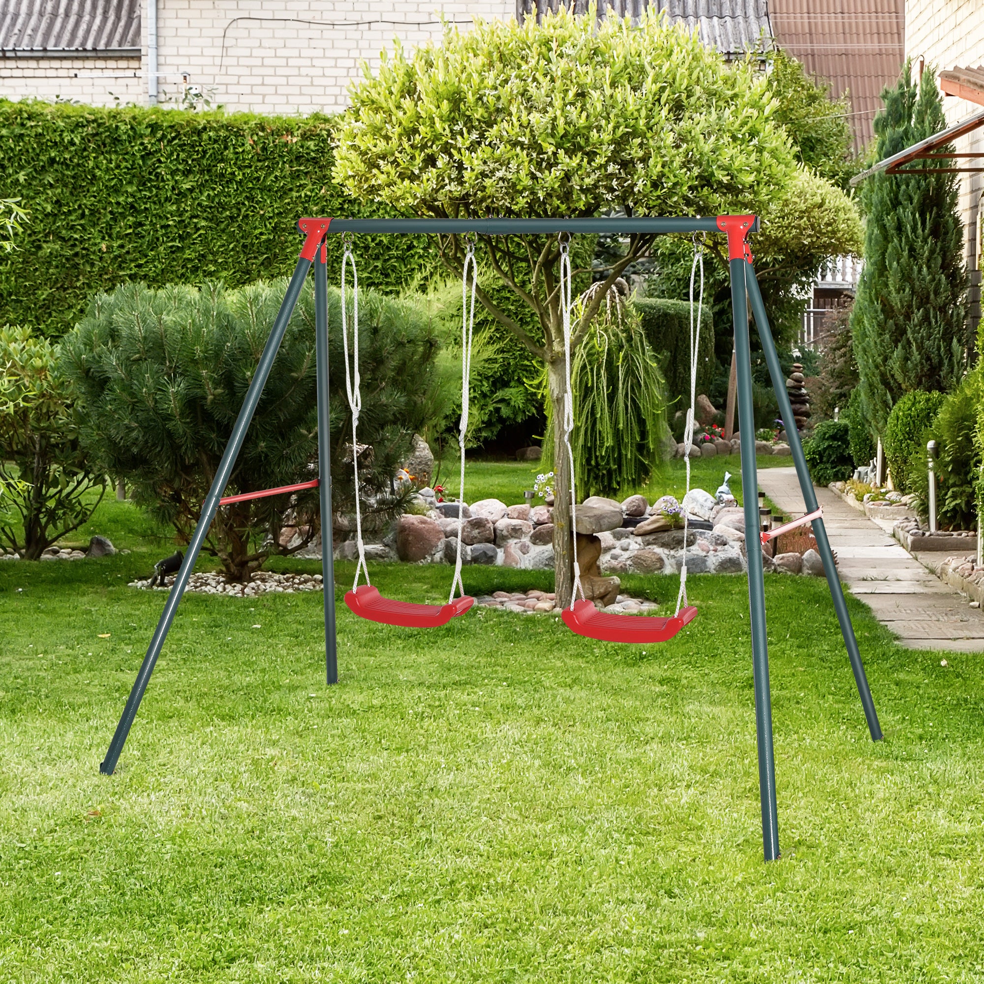 Baloiço Duplo para Crianças 220x160x180 cm Verde e Vermelho