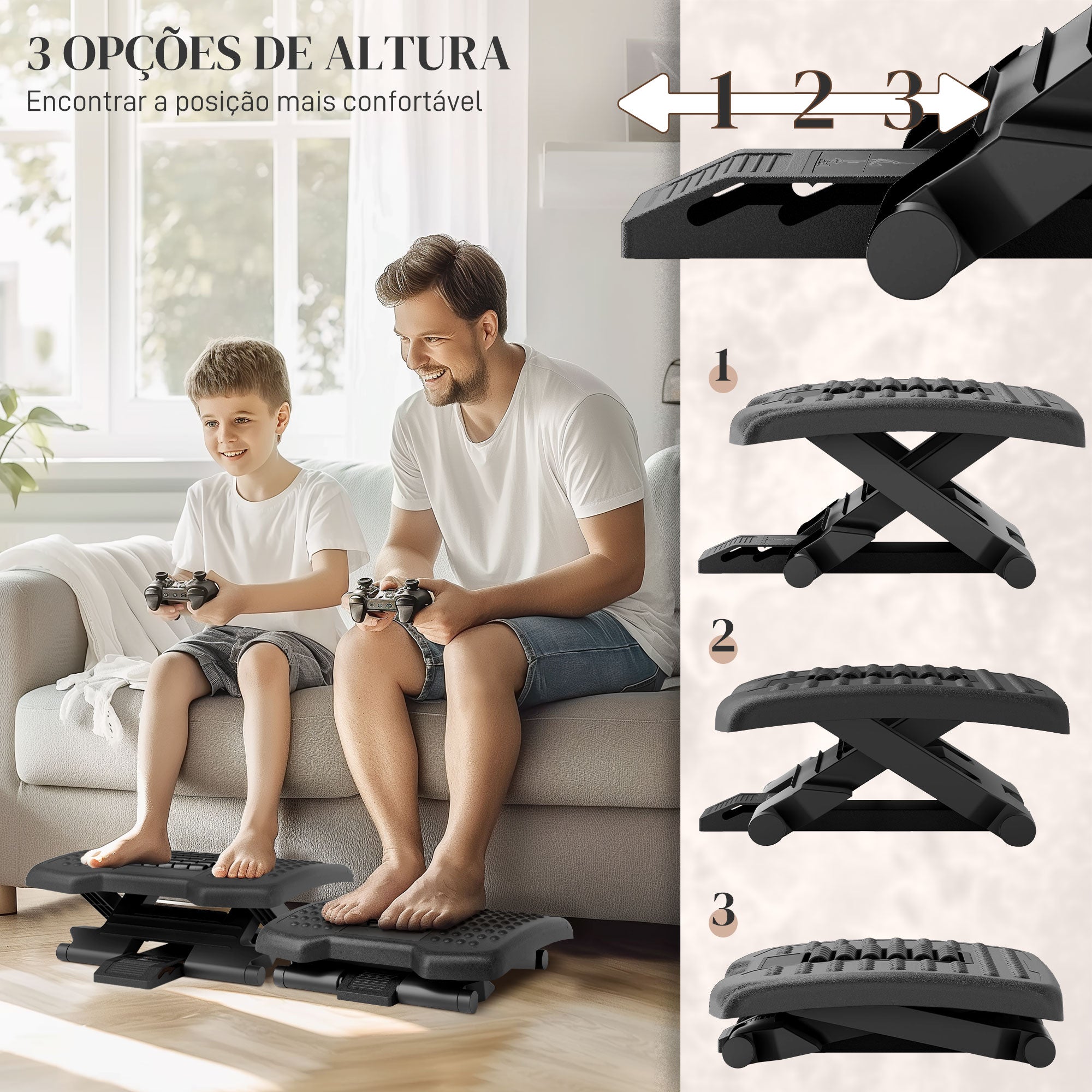 Apoio para Pés com Massagem e Altura Ajustável - Preto 46x35x11/13,5/17 cm