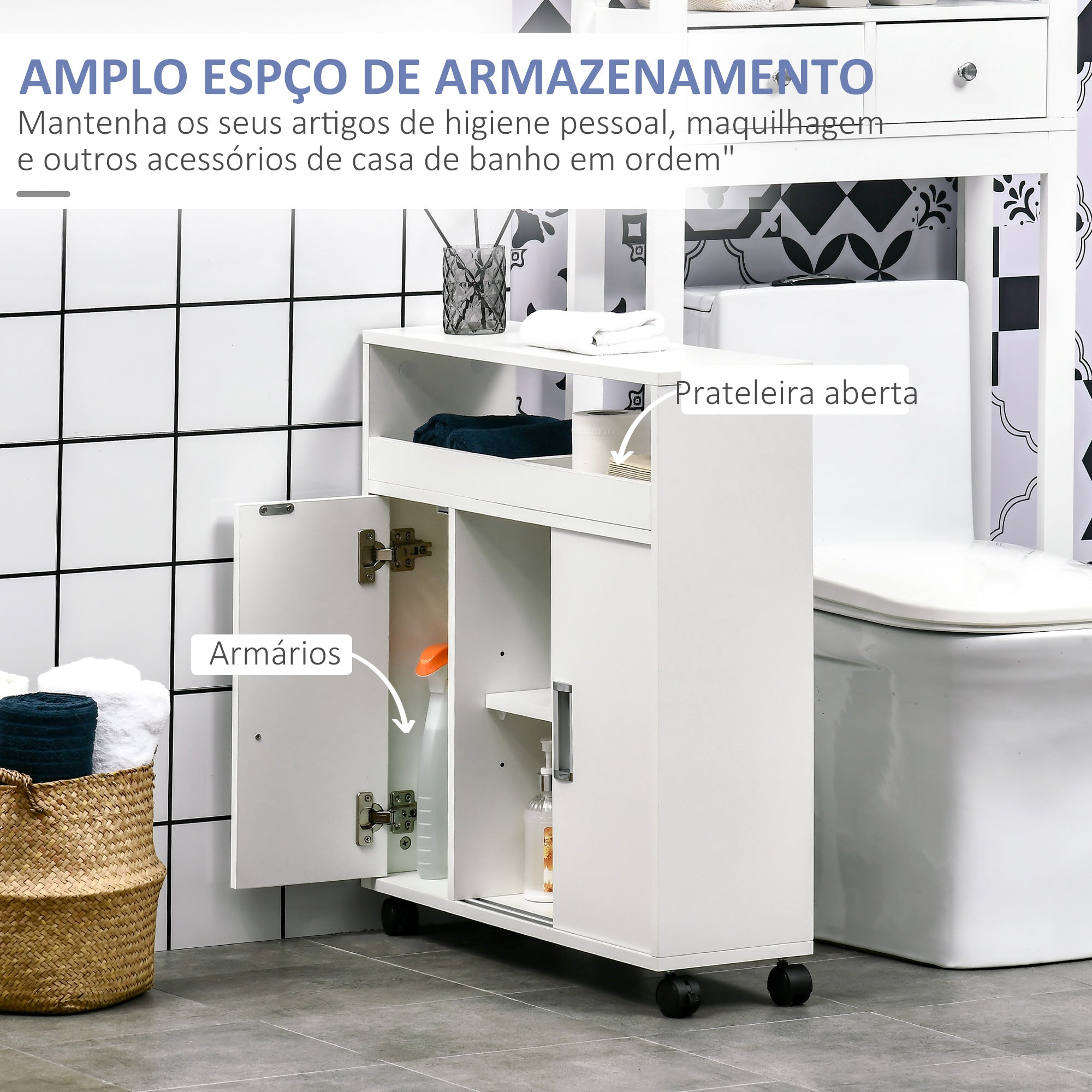 Armário Casa de Banho 70x20x71cm Branco com 2 Prateleiras Abertas e 3 Portas