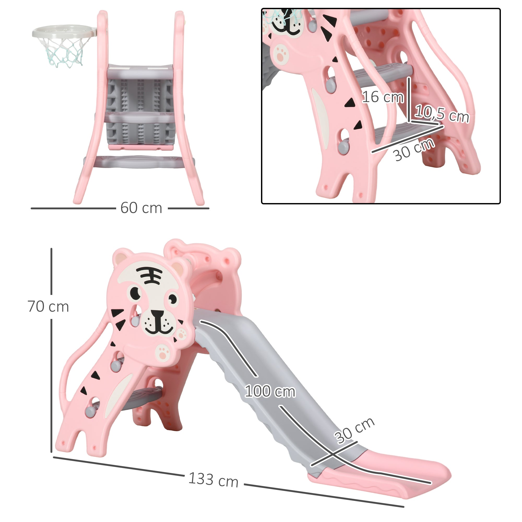 Escorrega para Crianças 2 em 1 com Cesta de Basquetebol - 133x60x70 cm - Rosa
