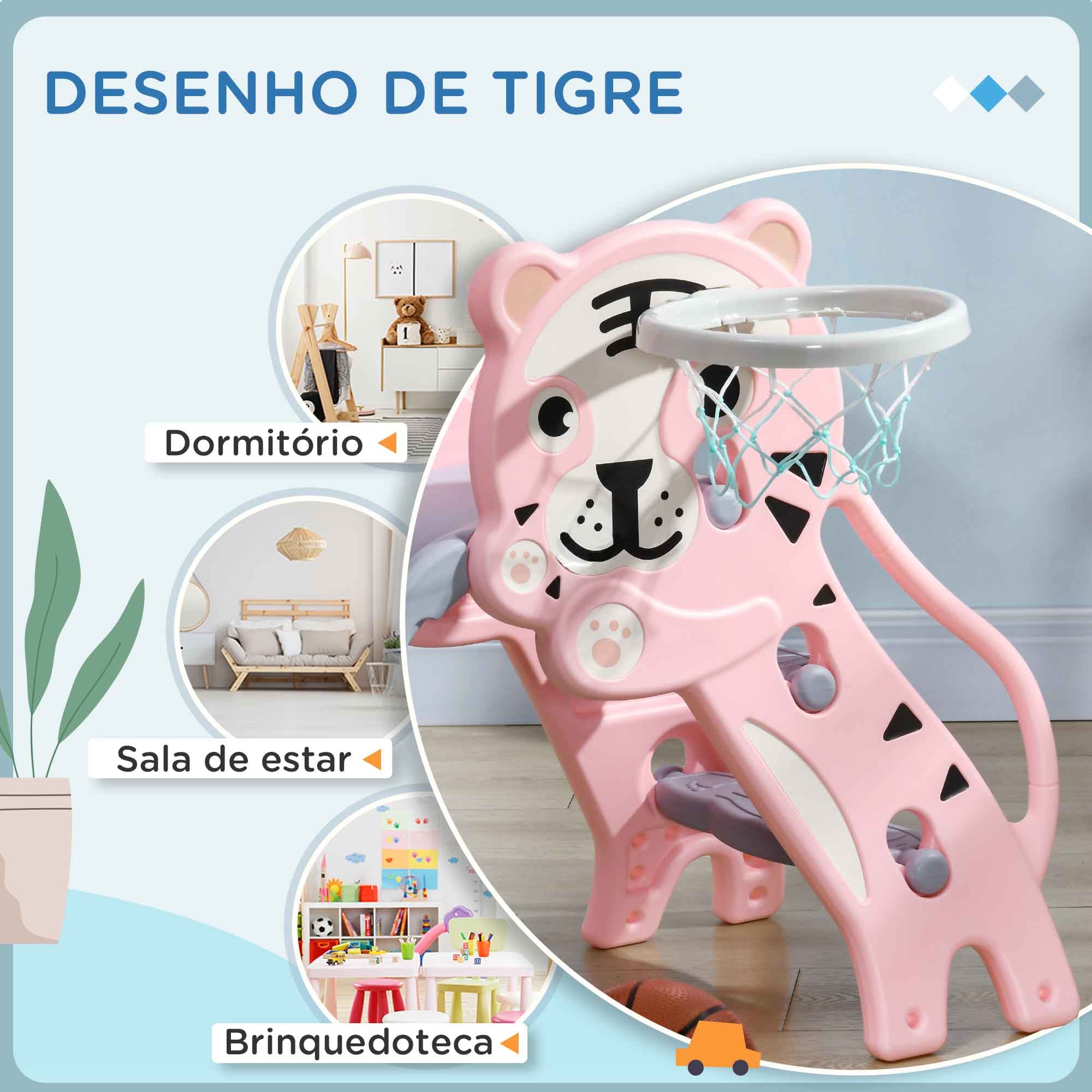 Escorrega para Crianças 2 em 1 com Cesta de Basquetebol - 133x60x70 cm - Rosa