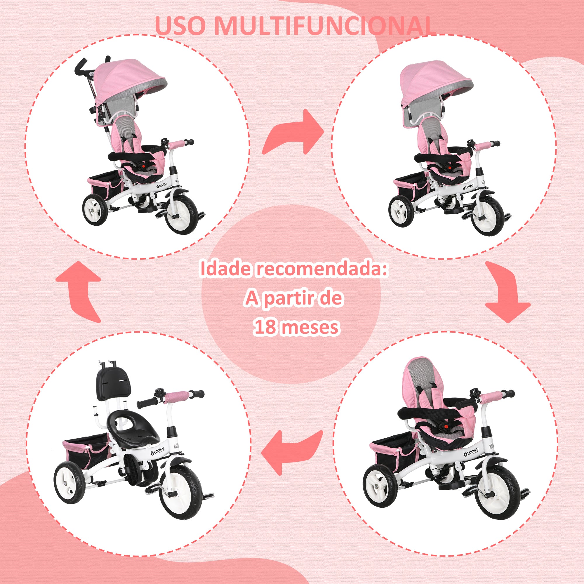 Triciclo Evolutivo 2 em 1 Rosa 95x50x106 cm
