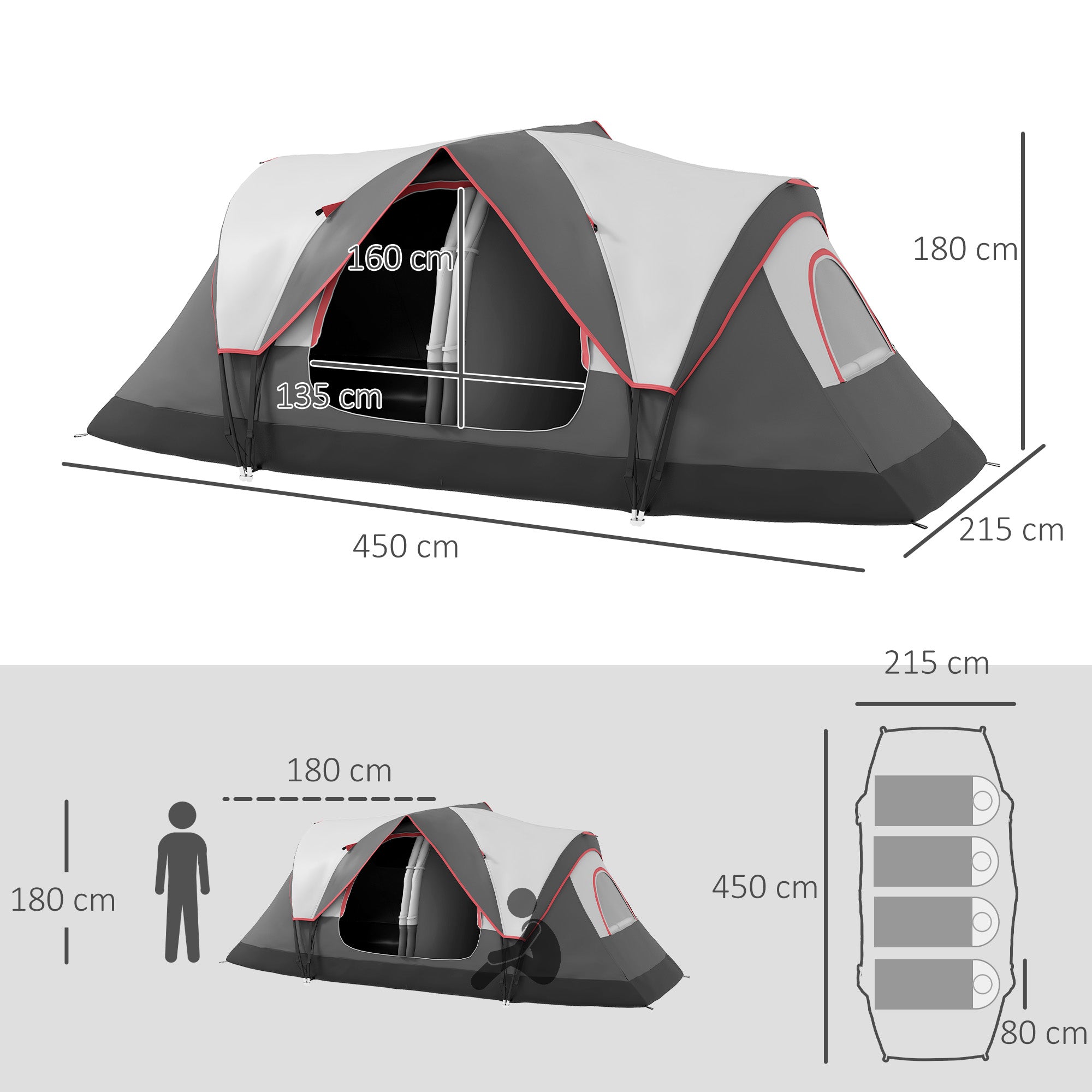 Tenda de Campismo Familiar para 4-5 Pessoas 450x215x180 cm Cinzento