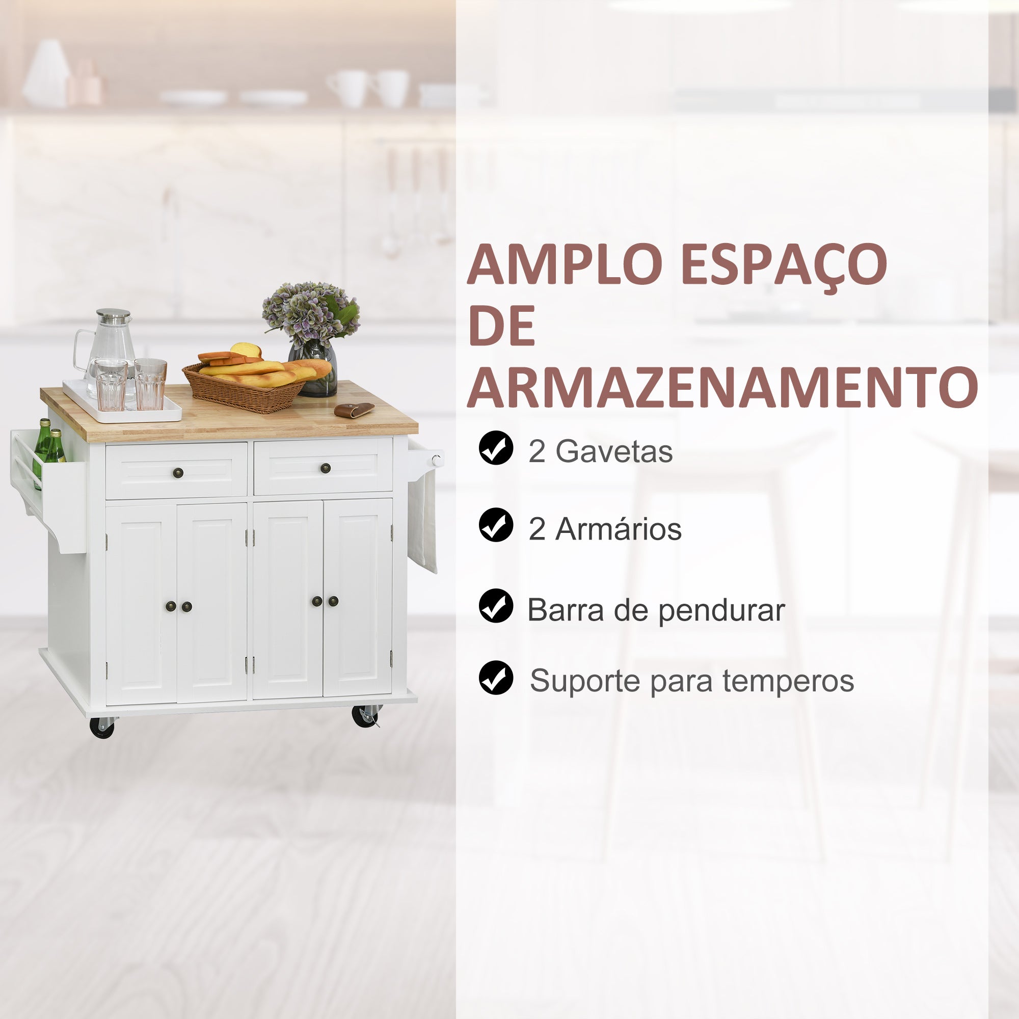 Ilha de Cozinha Portátil 111x44.5x82.5 cm - Branco
