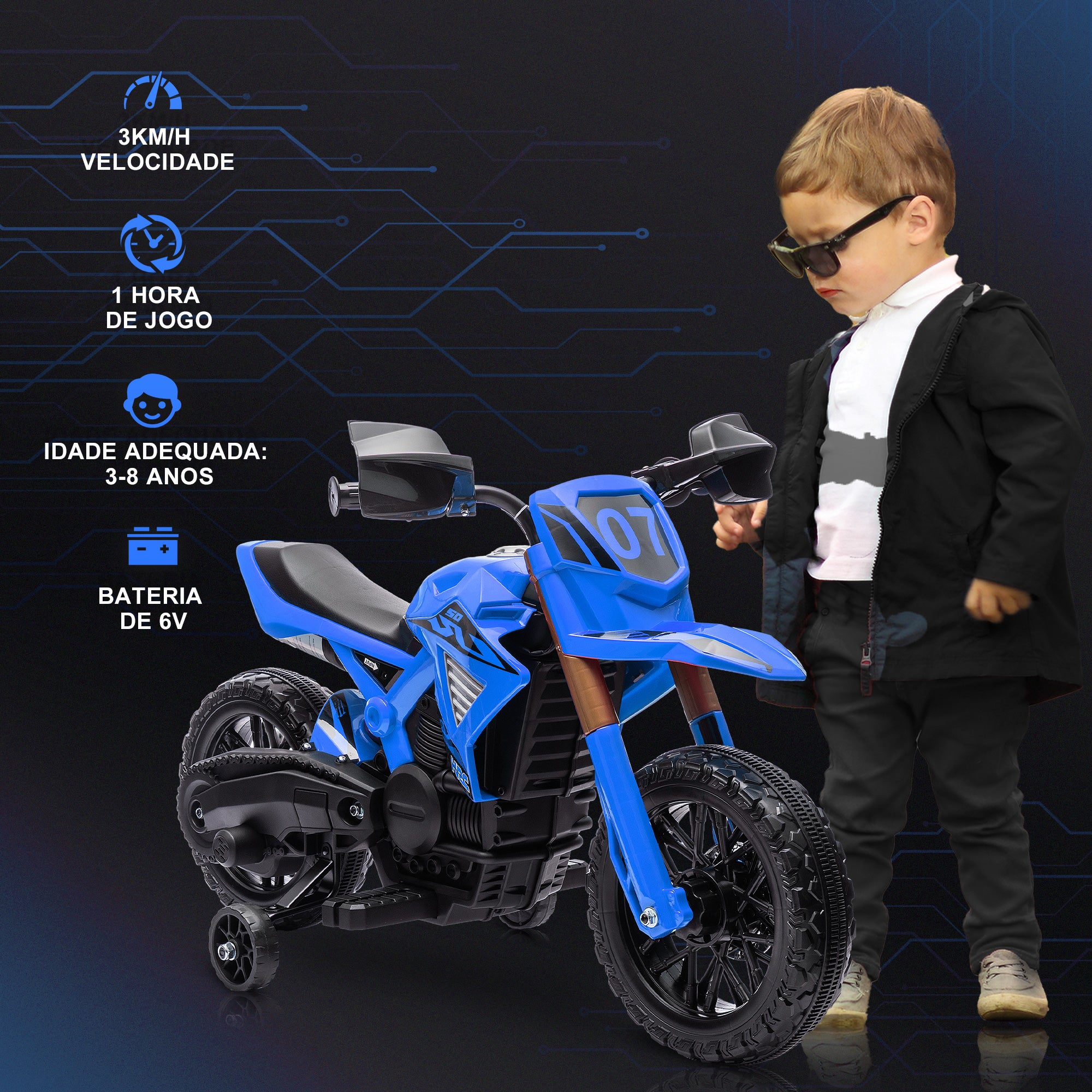Moto Elétrica Infantil Azul 105x57x62 cm com Rodas de Treino e Buzina