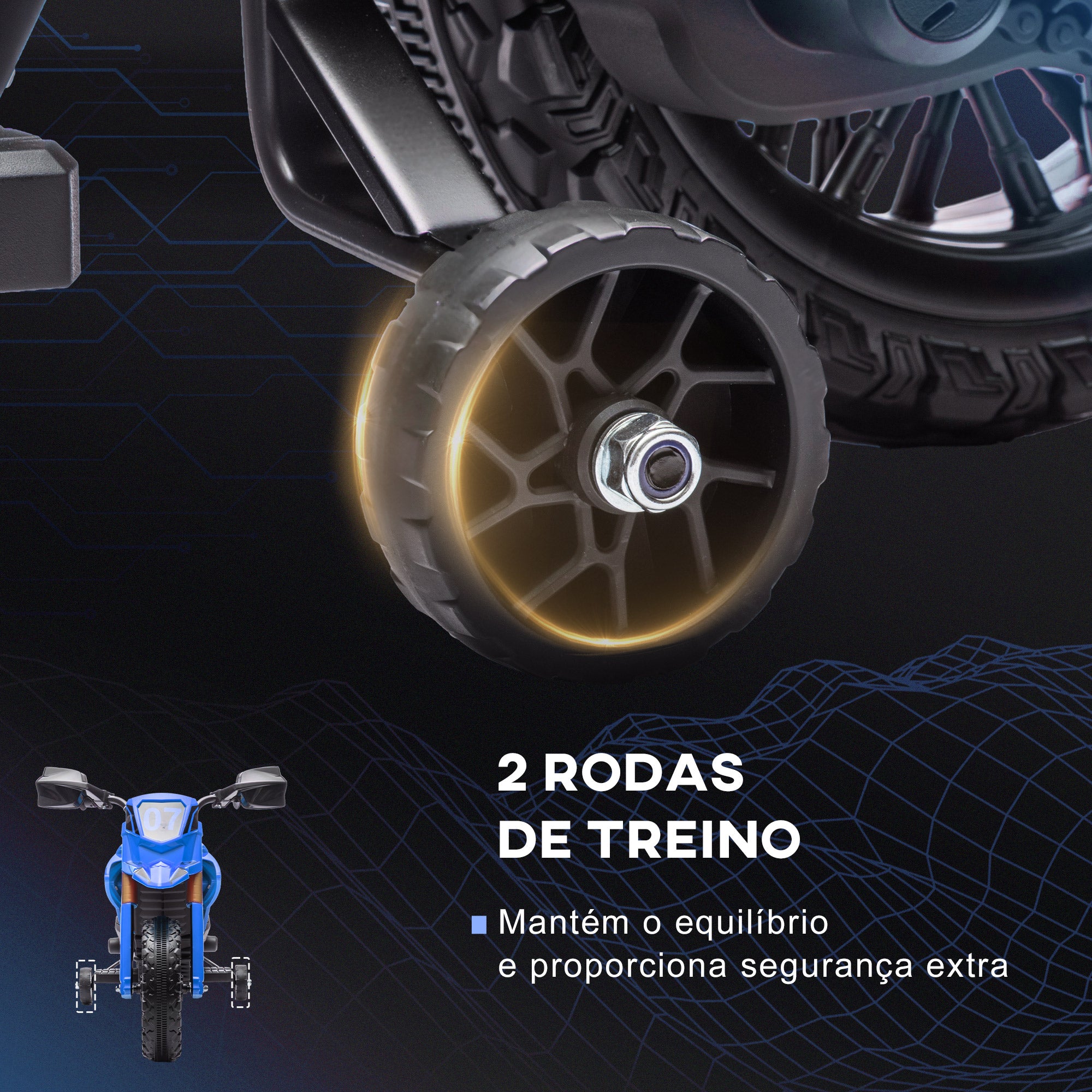 Moto Elétrica Infantil Azul 105x57x62 cm com Rodas de Treino e Buzina