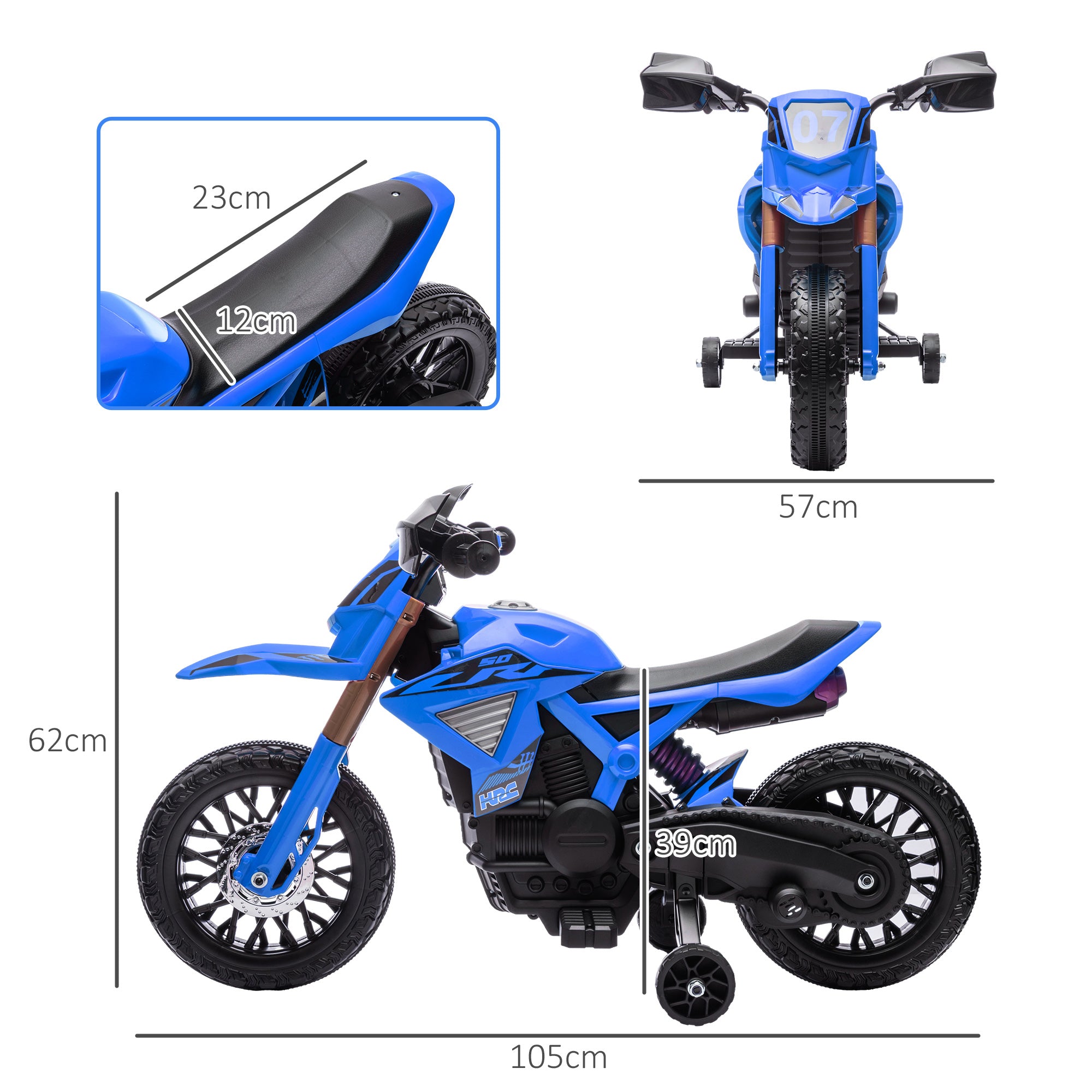 Moto Elétrica Infantil Azul 105x57x62 cm com Rodas de Treino e Buzina