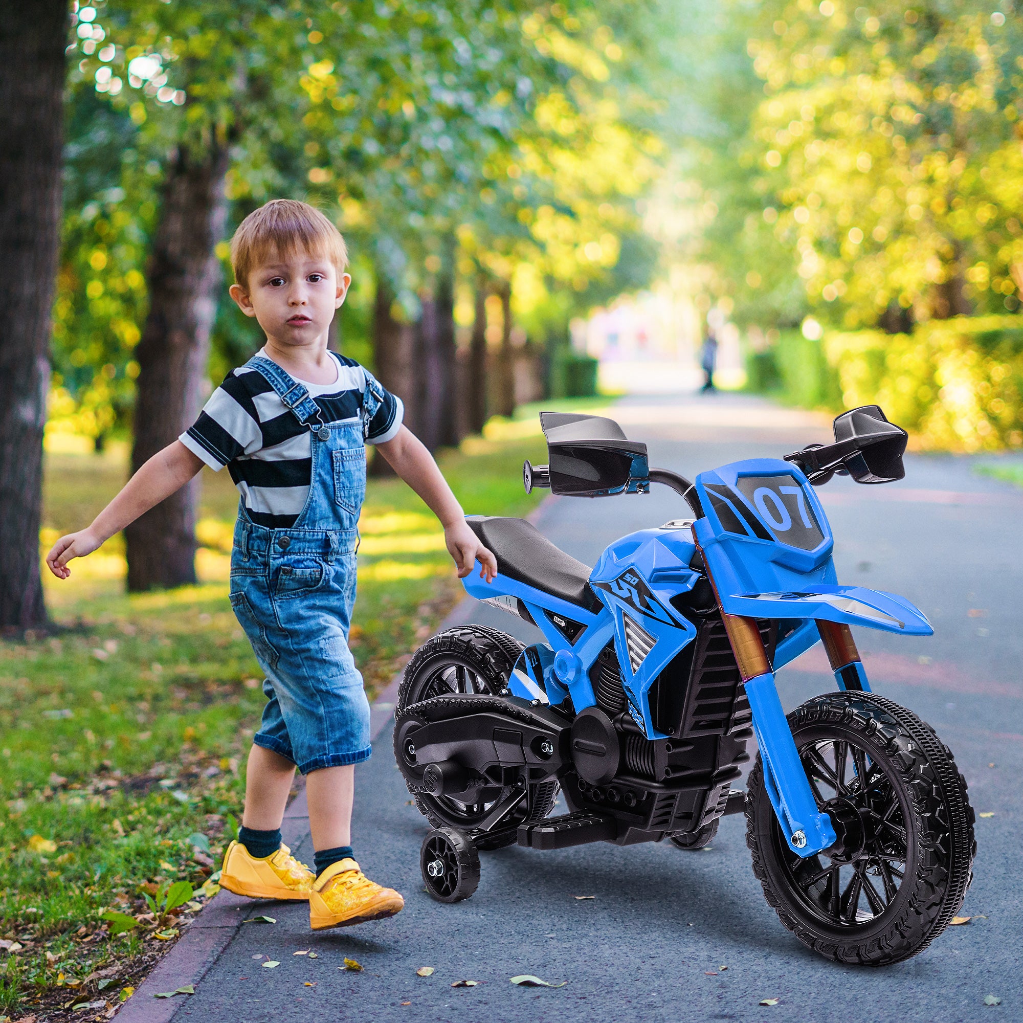 Moto Elétrica Infantil Azul 105x57x62 cm com Rodas de Treino e Buzina