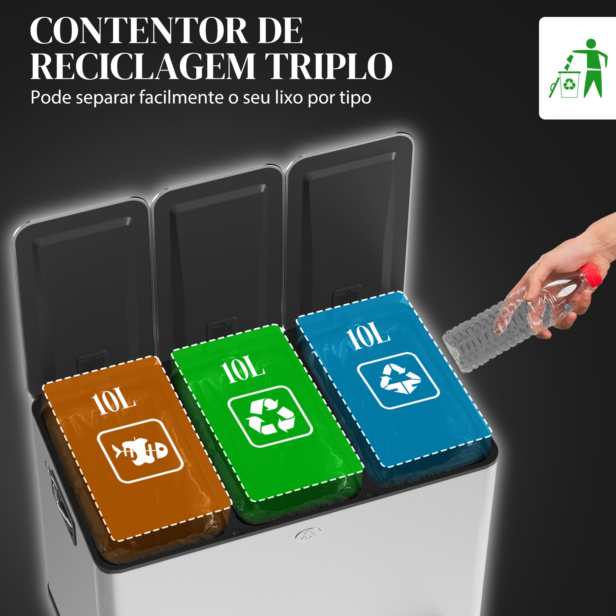 Balde de Lixo de Cozinha 3 Compartimentos 3x10L Prata 49,6x34,5x38,6 cm