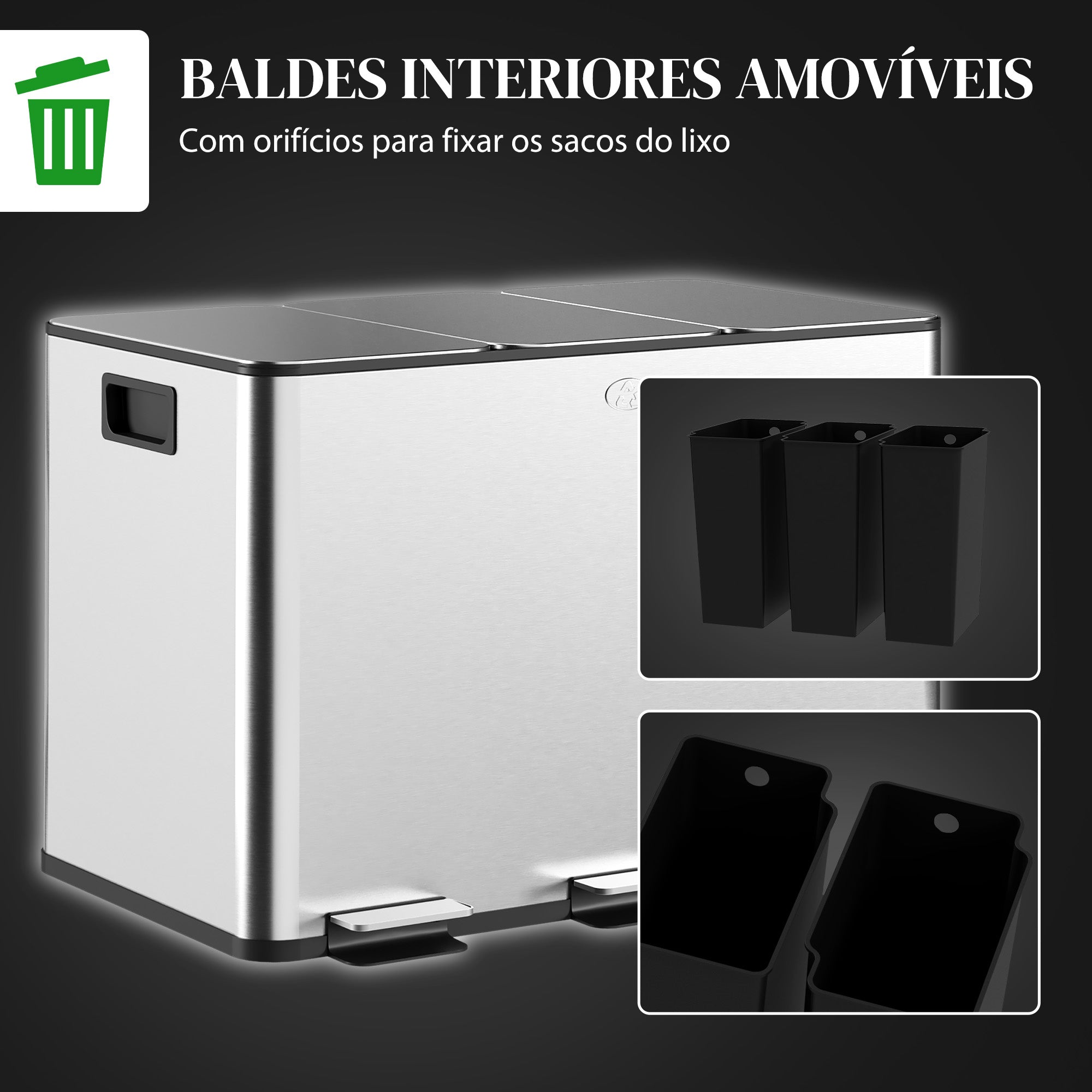 Balde de Lixo de Cozinha 3 Compartimentos 3x10L Prata 49,6x34,5x38,6 cm