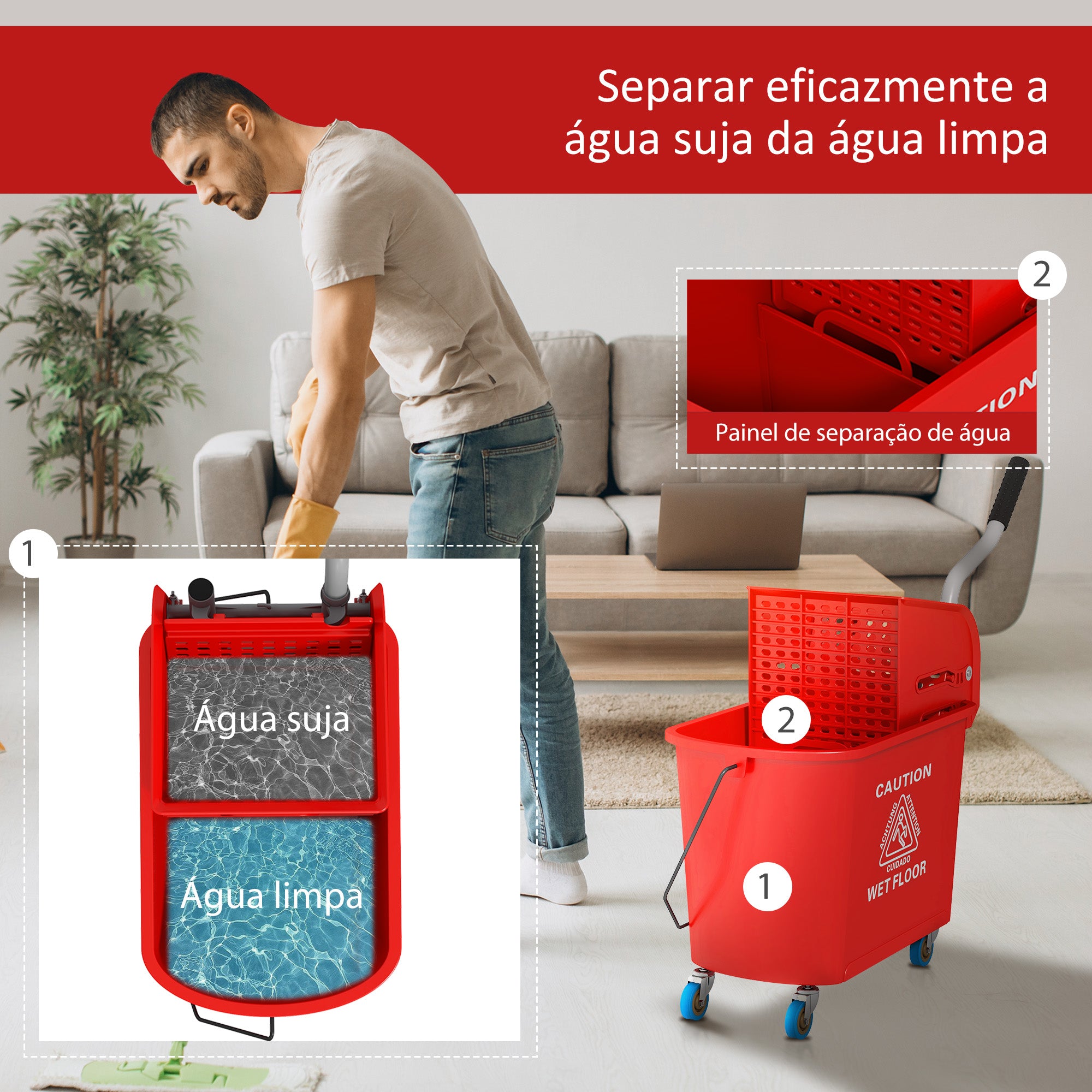 Balde de Limpeza 20L – 60x27x70,5 cm – Vermelho – Plástico