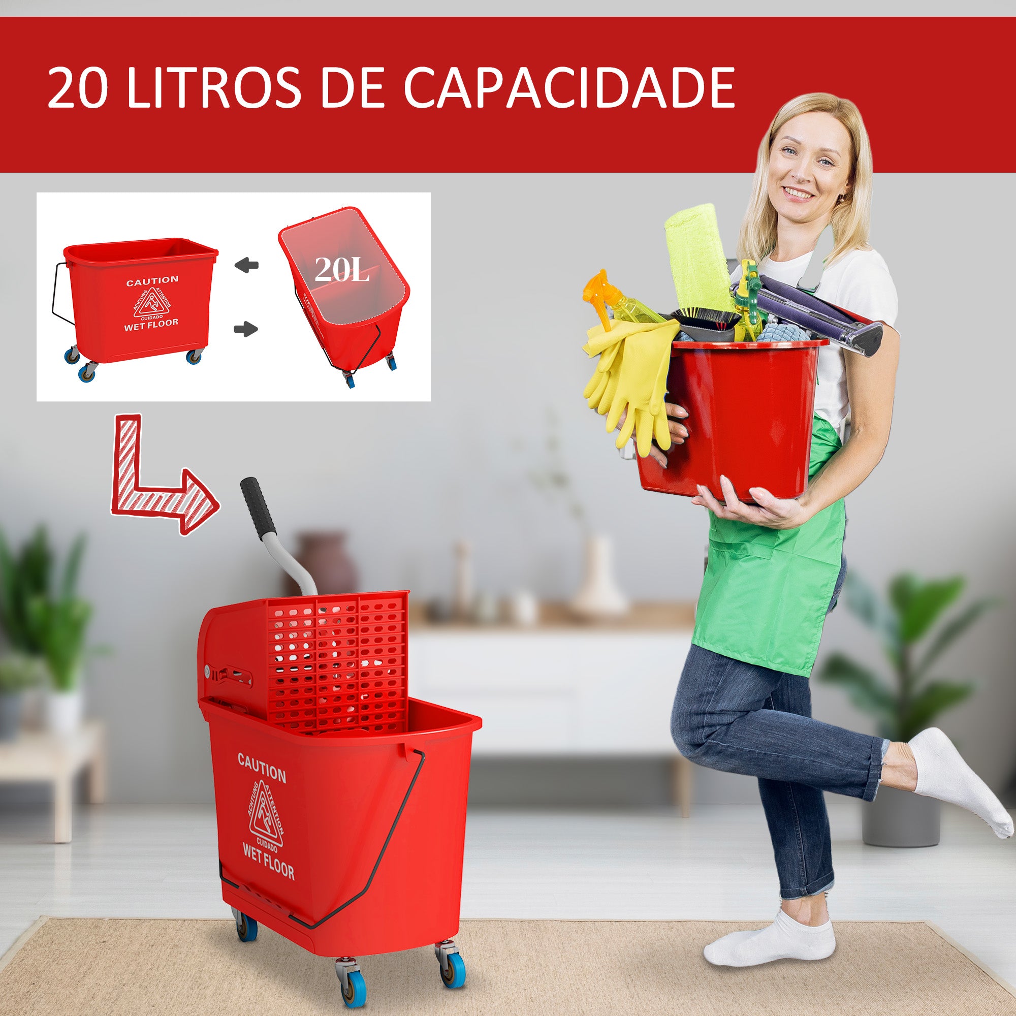 Balde de Limpeza 20L – 60x27x70,5 cm – Vermelho – Plástico