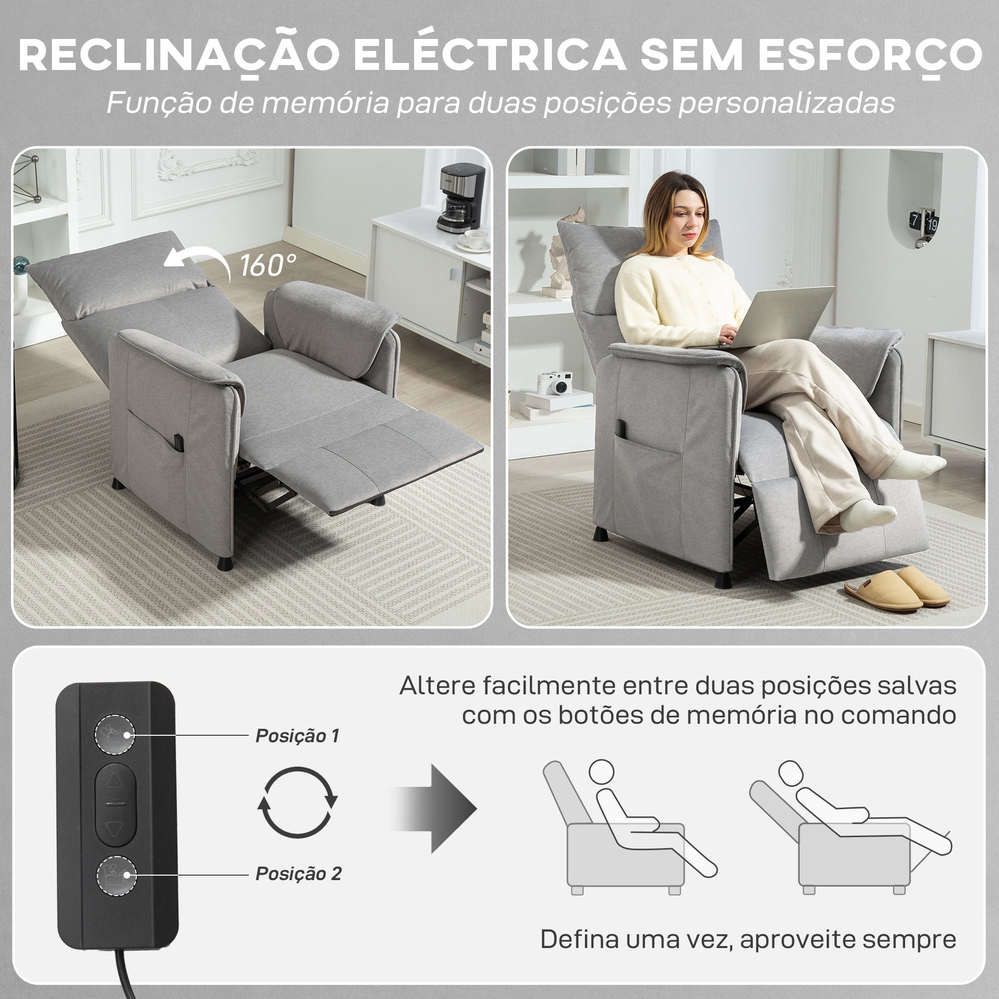 Poltrona Reclinável Elétrica Cinzenta 80x83x104 cm