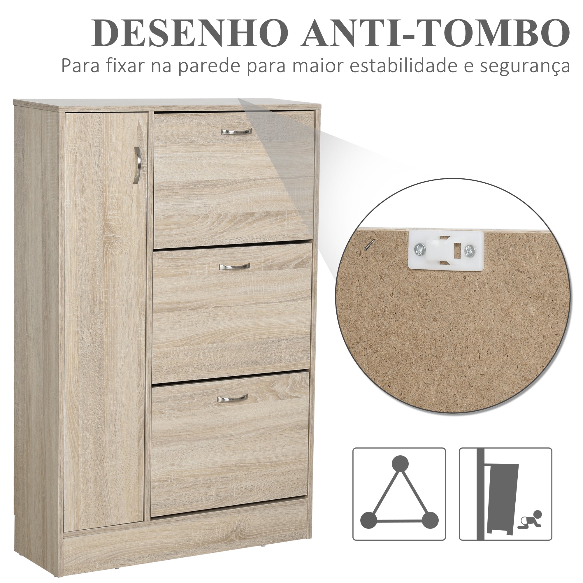 Sapateira com 3 Portas para até 12 Pares de Sapatos - Cor de Madeira Natural 79x26x120 cm