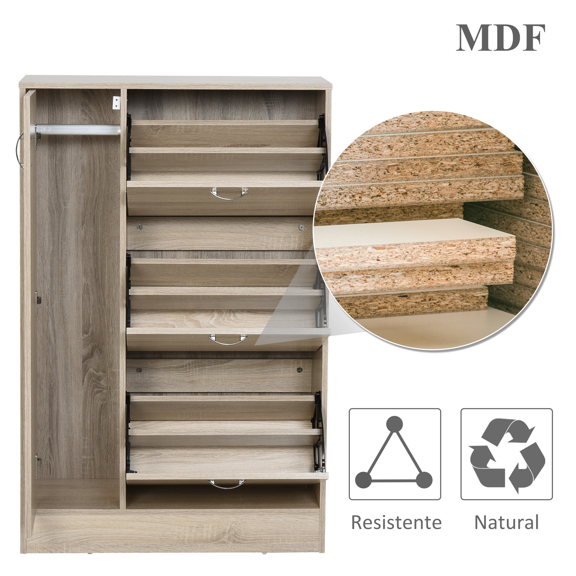 Sapateira com 3 Portas para até 12 Pares de Sapatos - Cor de Madeira Natural 79x26x120 cm