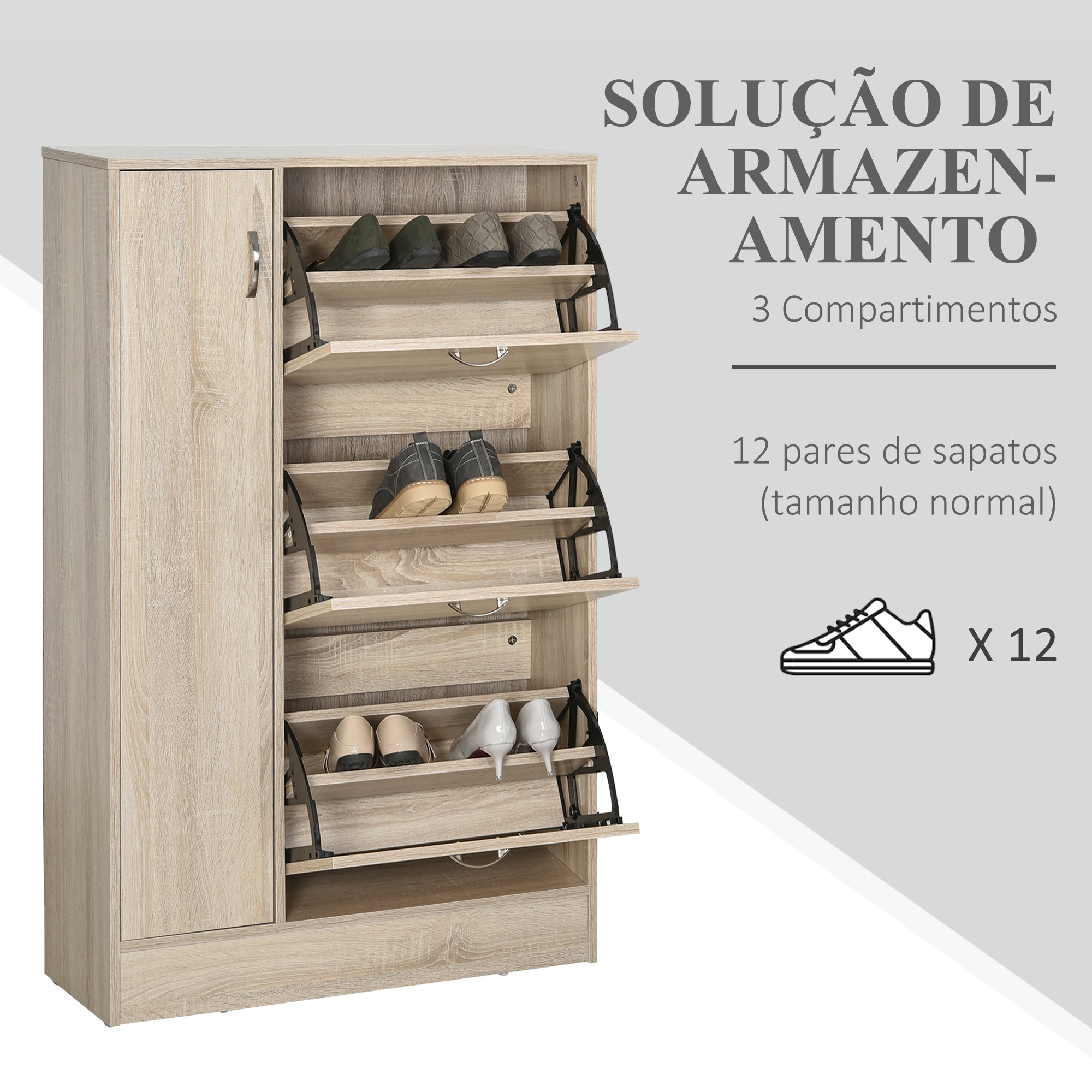Sapateira com 3 Portas para até 12 Pares de Sapatos - Cor de Madeira Natural 79x26x120 cm