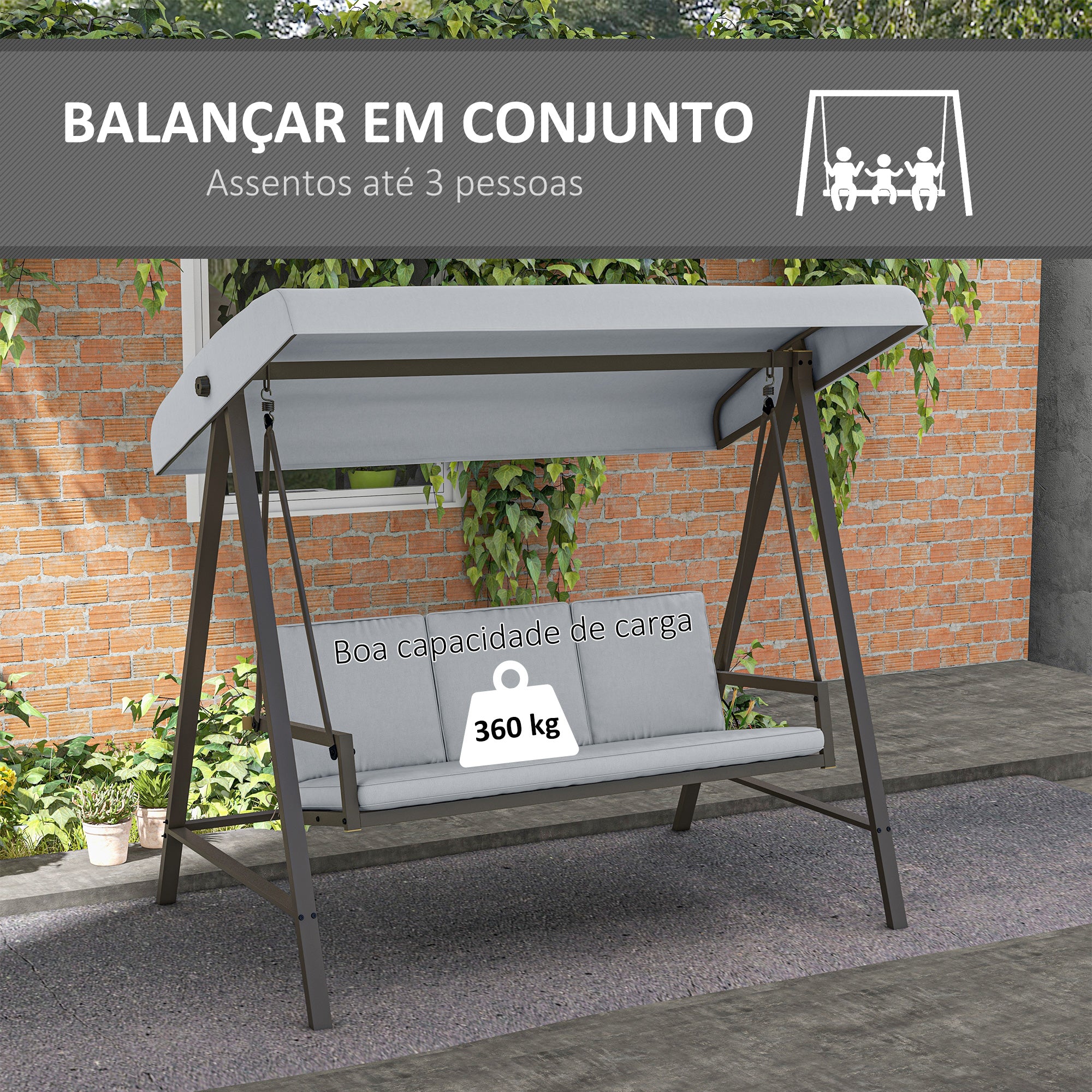Baloiço de Jardim 3 Lugares Cinza 200x125x175 cm